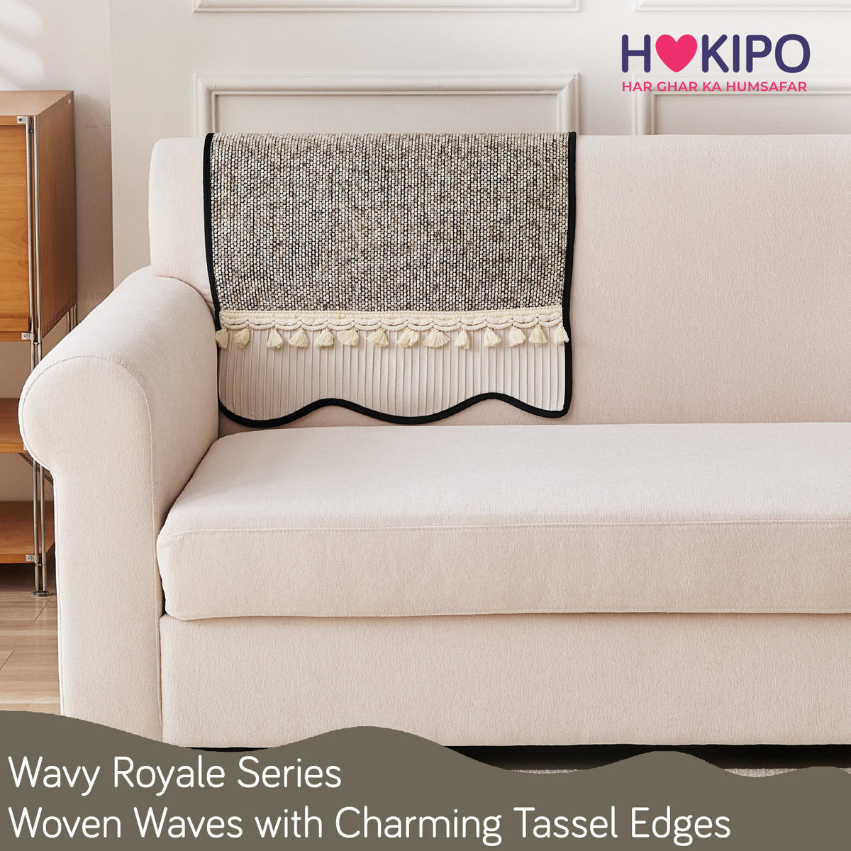 'Wavy Royale Series' Thick Woven Weave Chenille Sofa Cover with Tassel, Taupe Mist