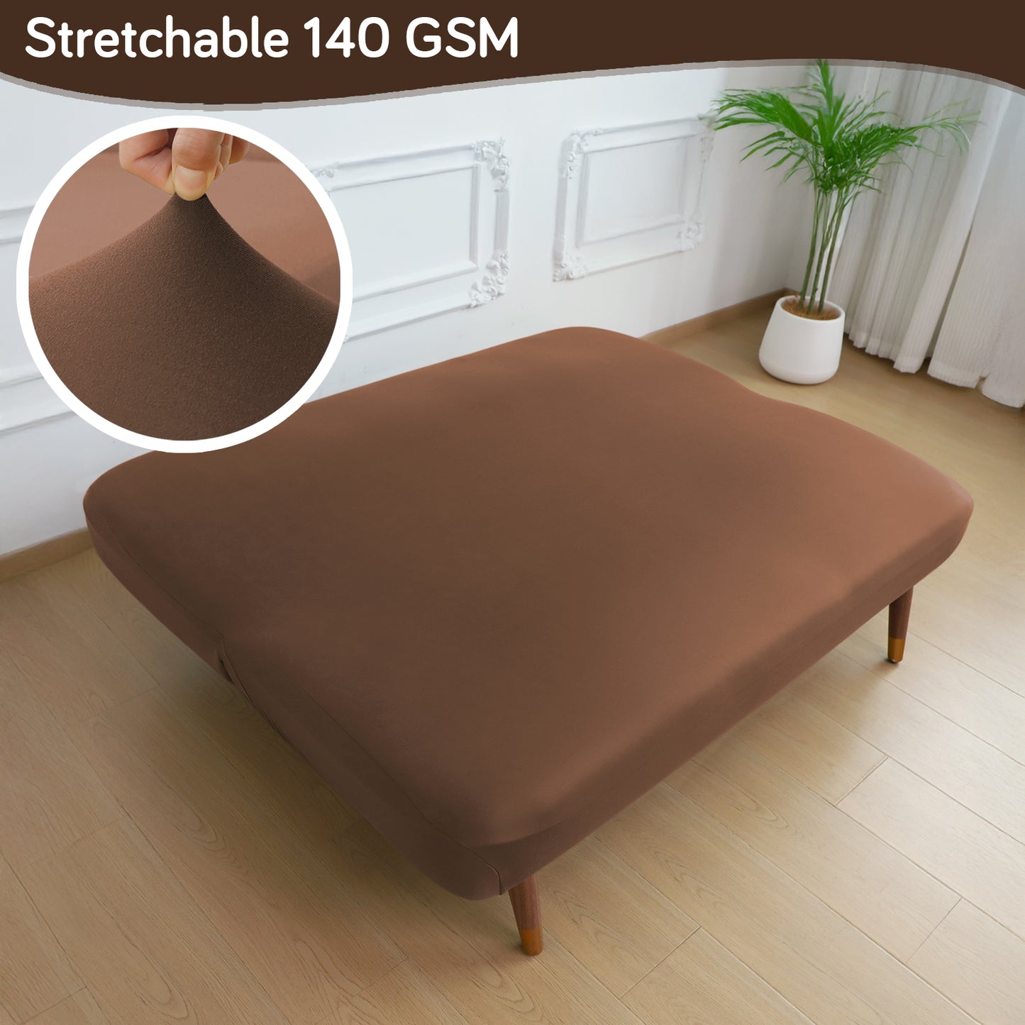 SereneSolids Stretchable Elastic Armless Sofa Cover – 140 GSM, Futon Slipcover, Easy Fit, Brown