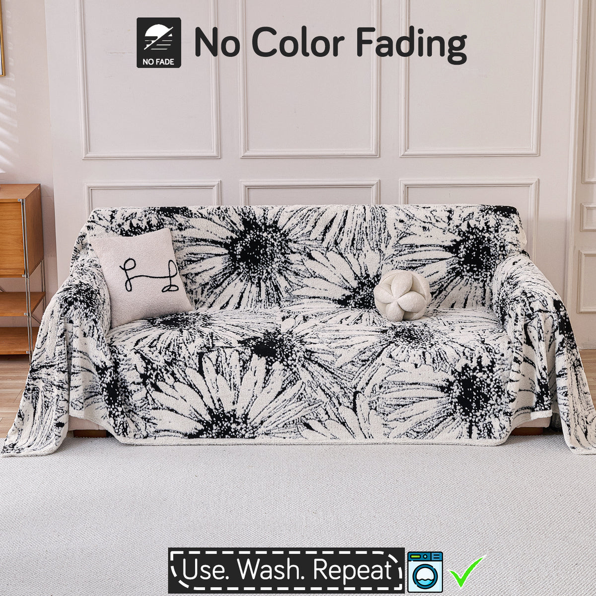 Buy Midnight Black Colour DaisyBloom Series Luxury Plush Sofa Throw – Three Seater Sofas | HOKIPO