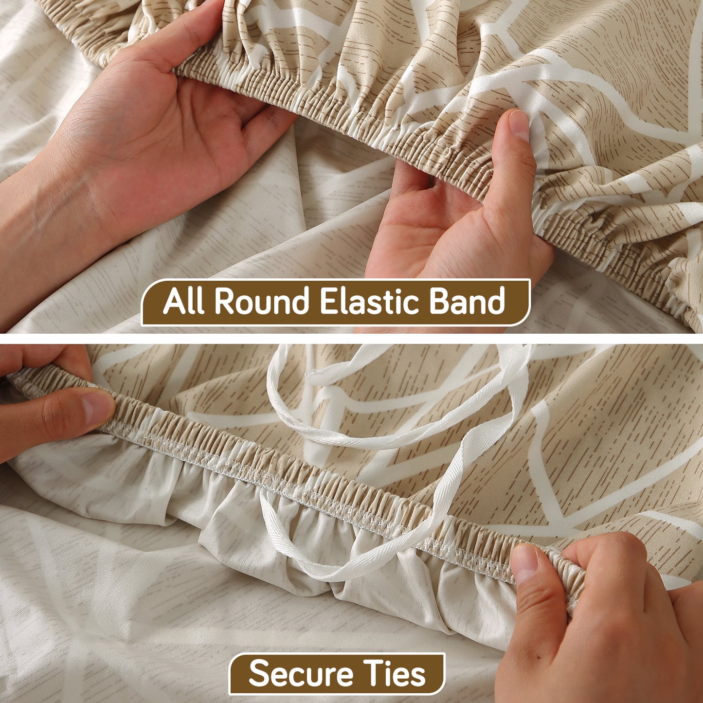 Printed Stretch Fit Water-Repellent & Anti-Slip Table Cloth Cover for 4 Seater / 6 Seater, Beige Abstract Geometry