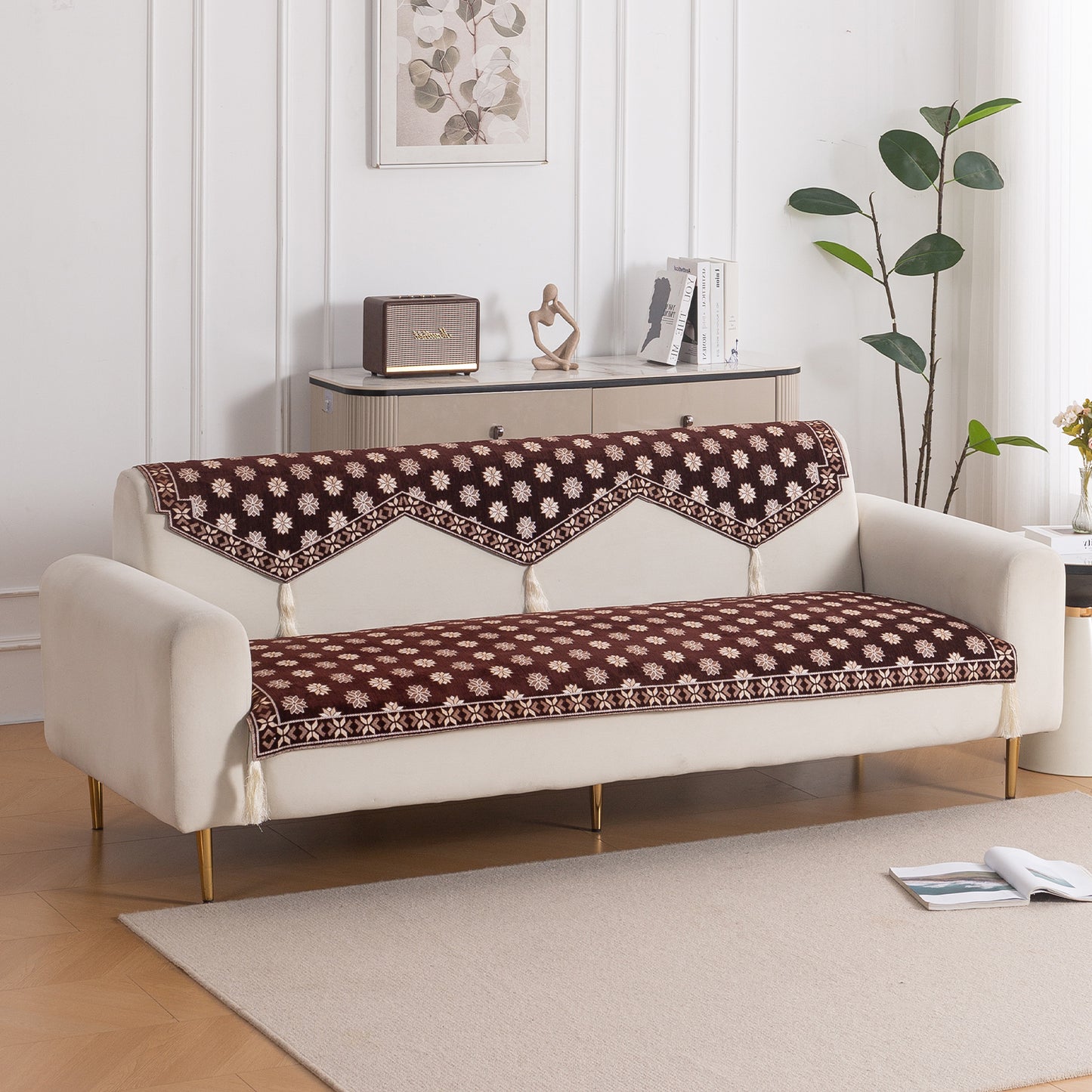 Heritage Weave Premium Jacquard Sofa Cover Set with Tassels - Coffee Brown