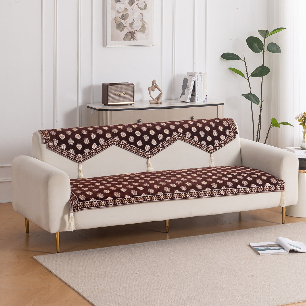 Heritage Weave Premium Jacquard Sofa Cover Set with Tassels - Coffee Brown