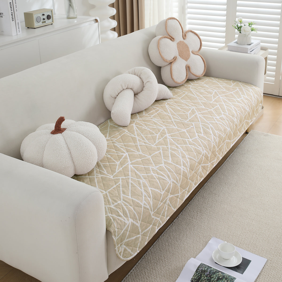 Water Repellent + Waterproof Quilted Sofa Mats, Beige Abstract Geometry