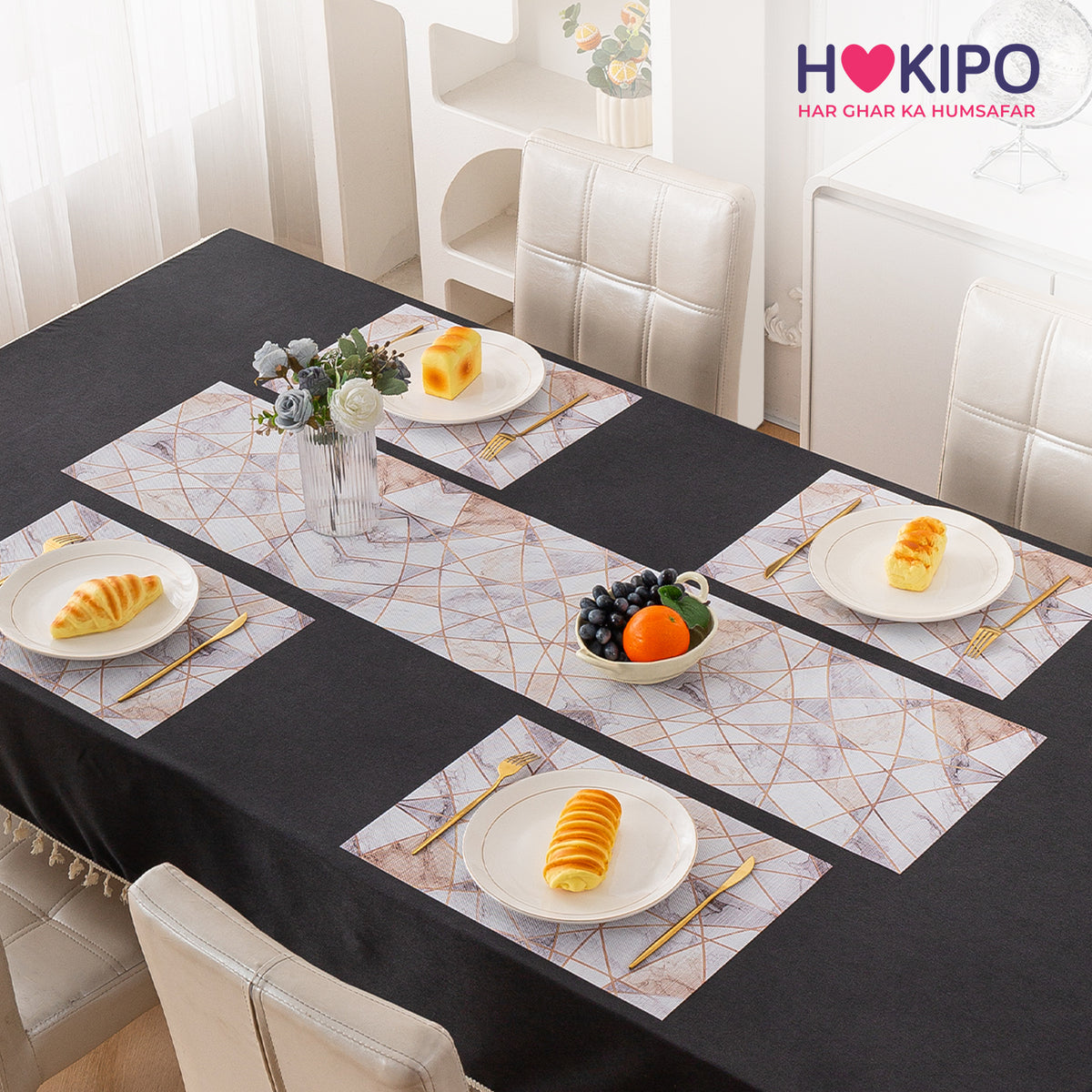 Marble Fusion PVC Mats for Dining Table, Angular Aura - Cream Gold
