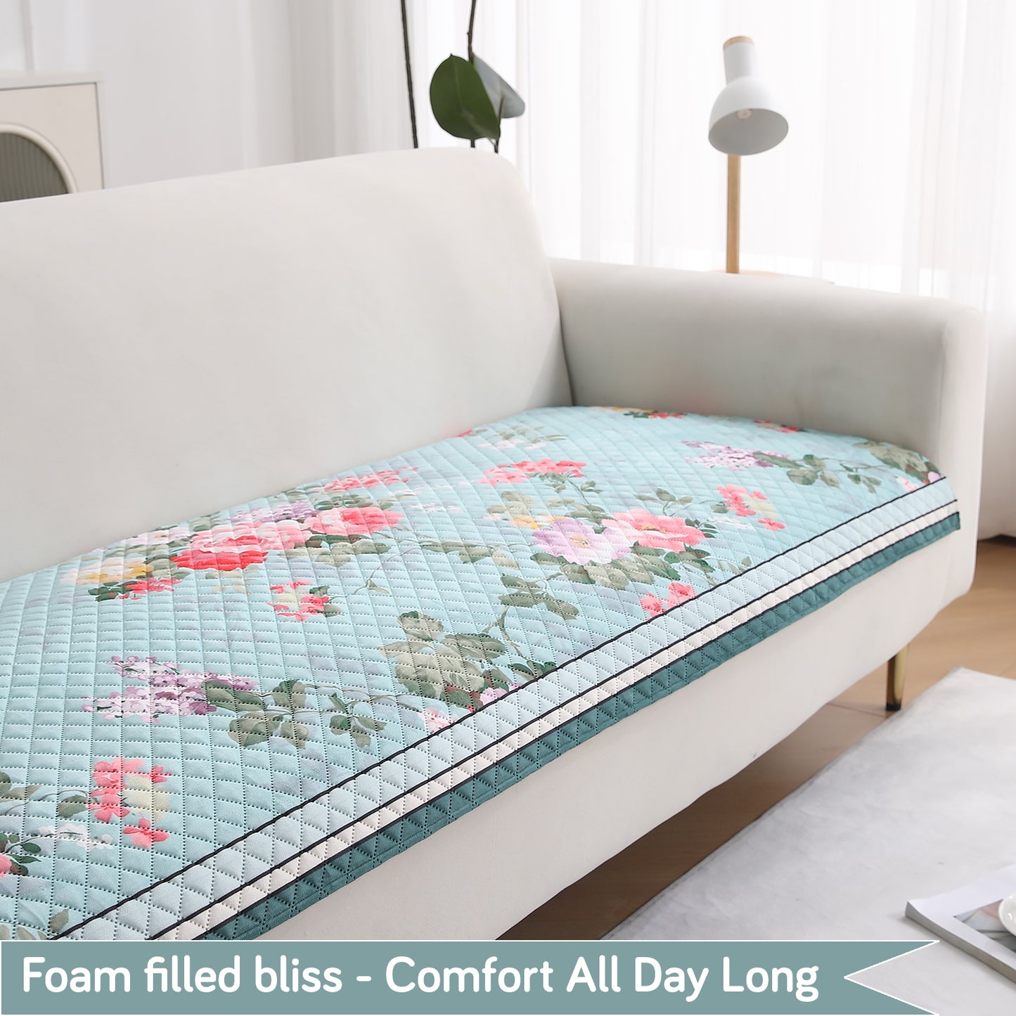LiefNest Printed Holland Velvet L Shape Sofa Seat Mat with Foam Filling - Fresh Floral Pastel Blue