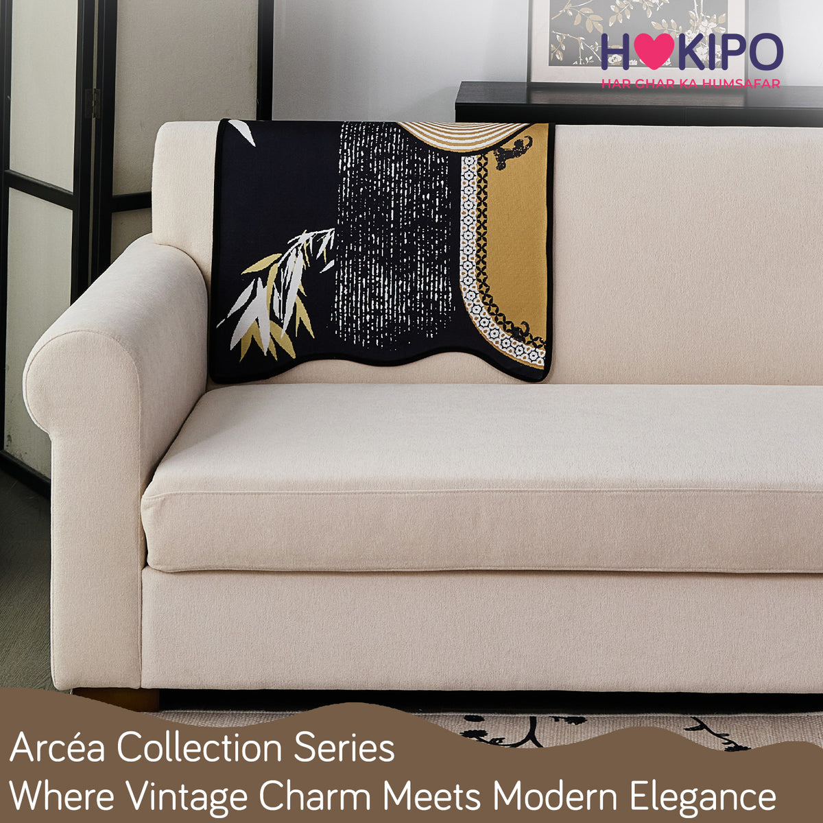 Arcea Chenille With Curved Edges Sofa Cover Mat, Mustard Gold Tribal