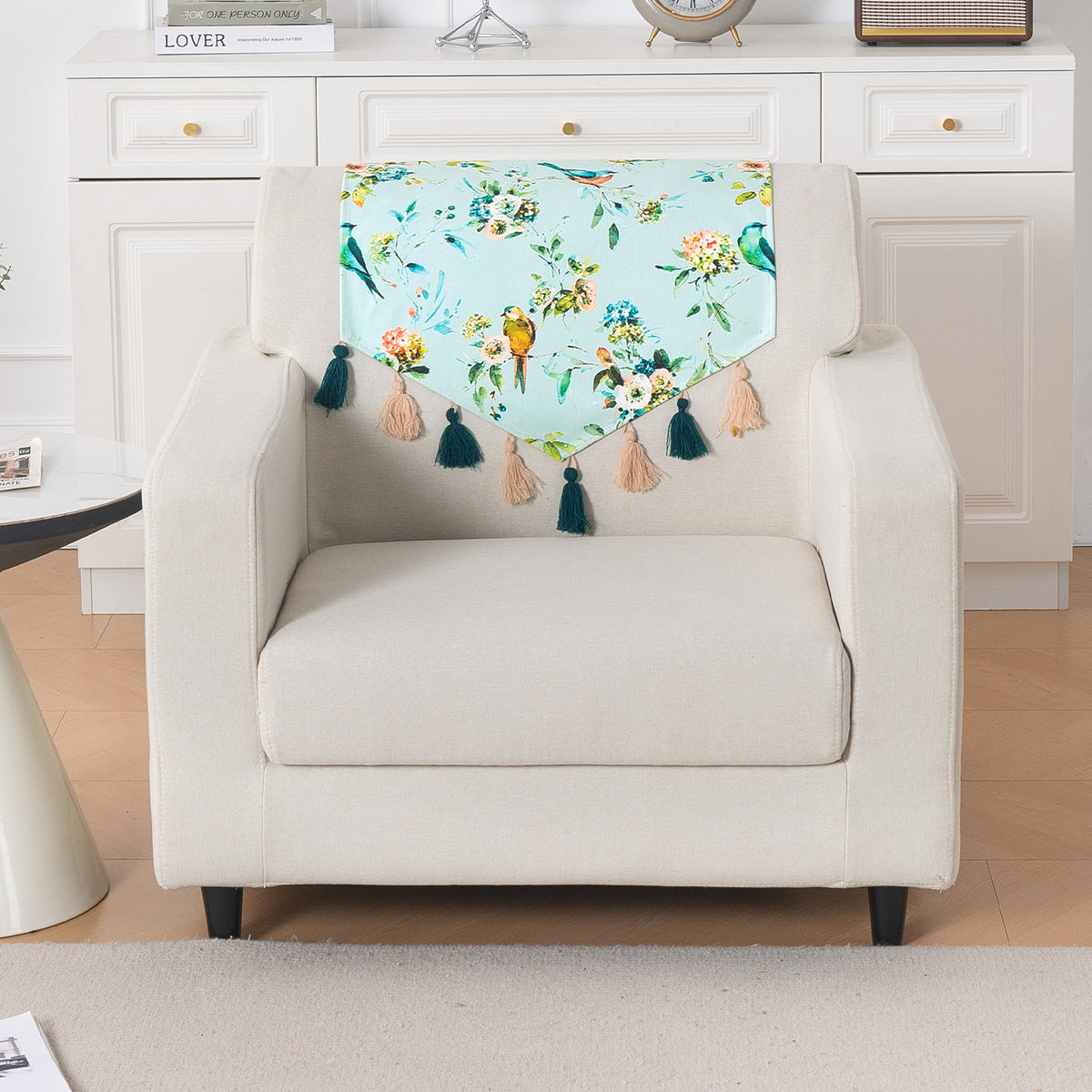 'Whispers of Nature' Series Holland Velvet Sofa Mat with Tassel, Mint Birdsong Blossom