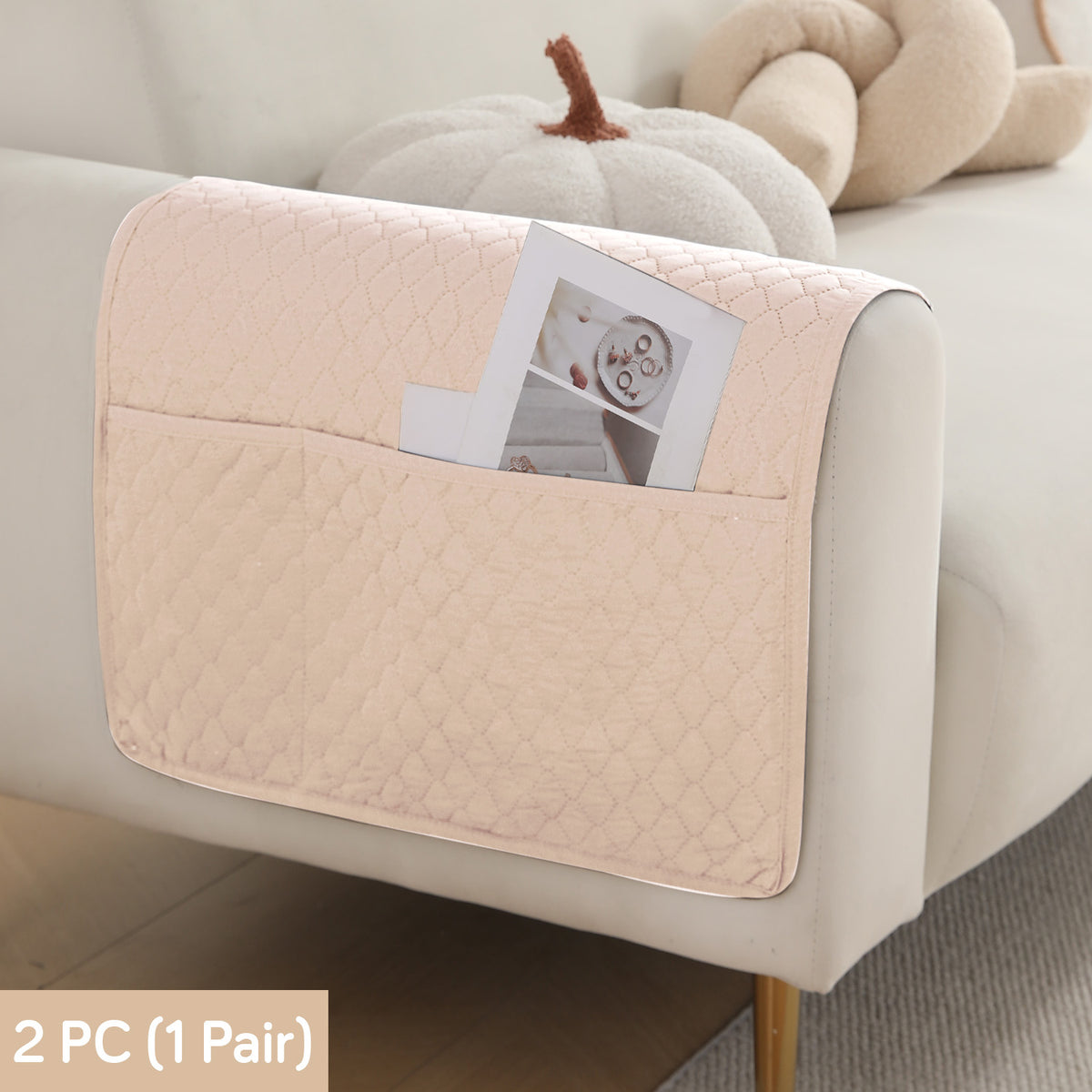 2 Pcs Quilted Sofa Armrest Cover, Beige