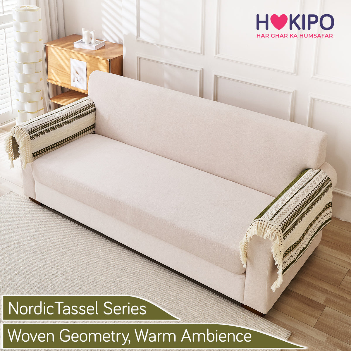 Nordic Boho Geometric Sofa Cover Mat with Tassel, 'Nordic Tassel Series'  Olive Meadow