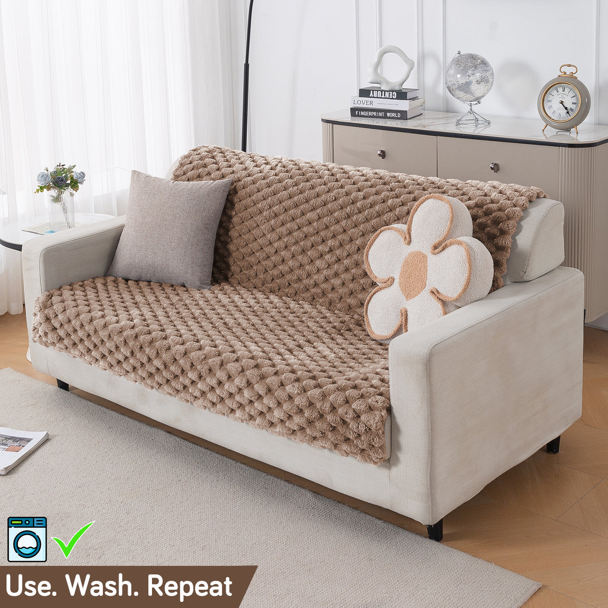 'BunnySoft Series' Plush Sofa Cover Throw for Sofa Seat & Back, Canvas Brown