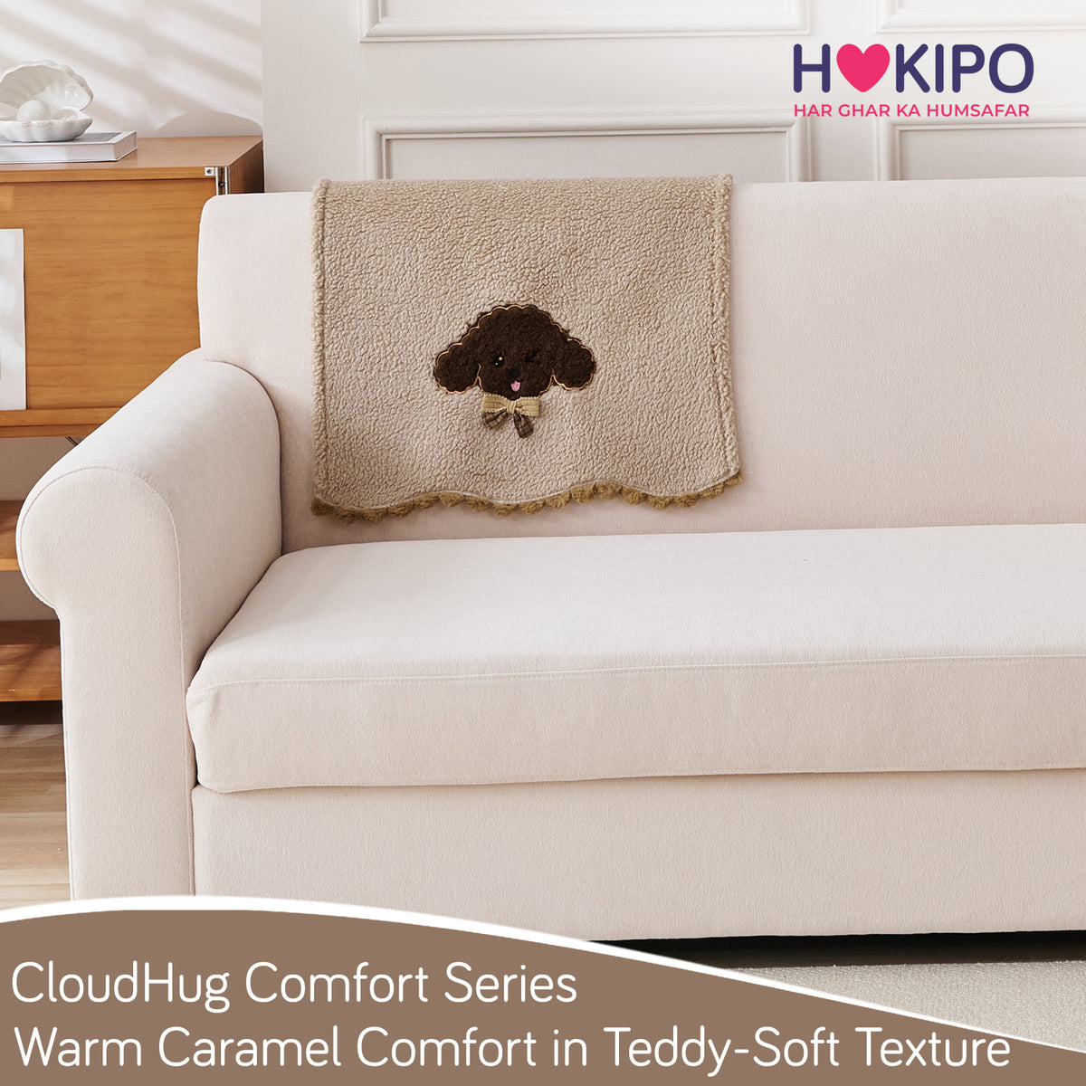 CloudHug Plush Sofa Cover Mat with PomPom and Wavy Edges, Vanilla Latte