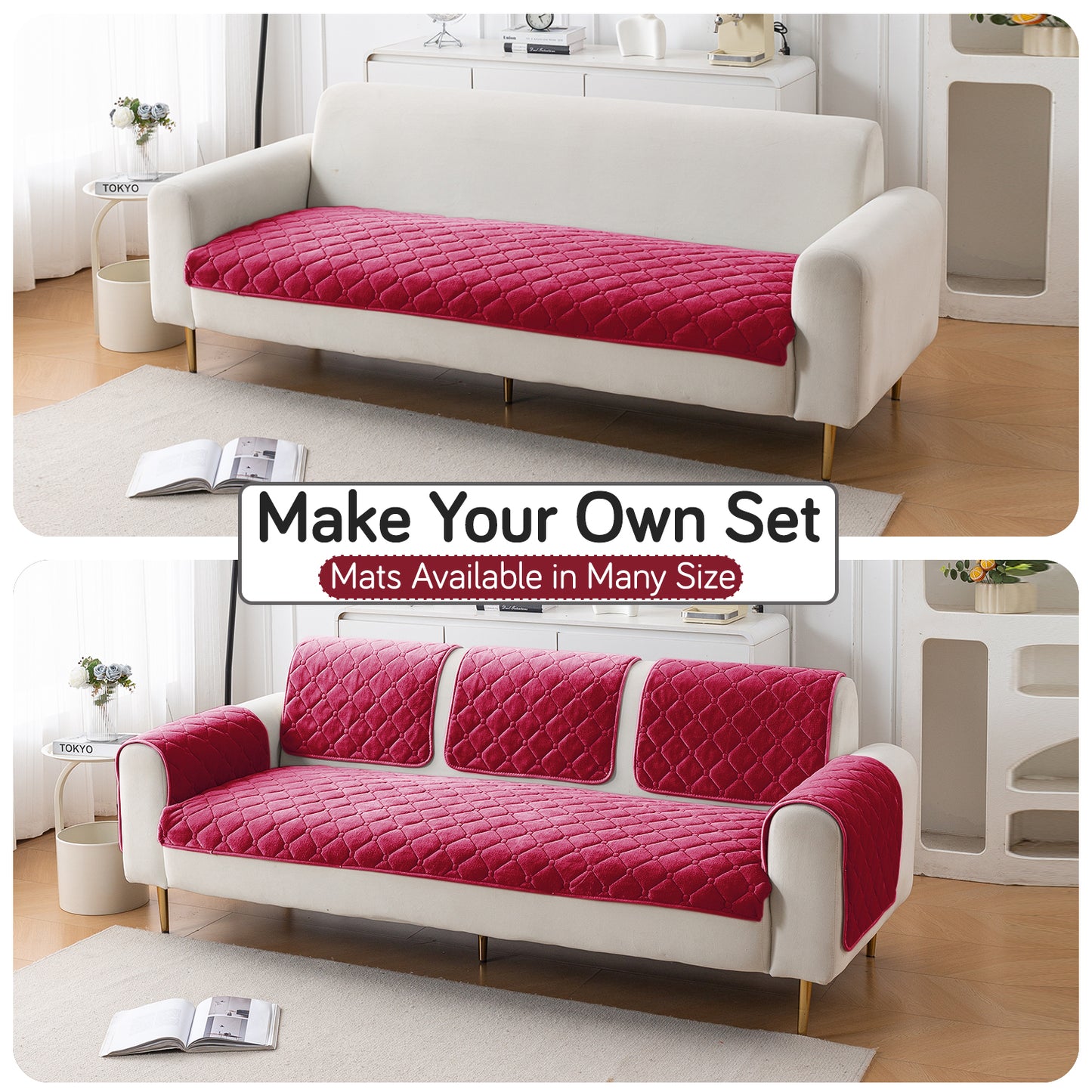 Diamond Tuft Plush Sofa Cover Mat, Raspberry Red