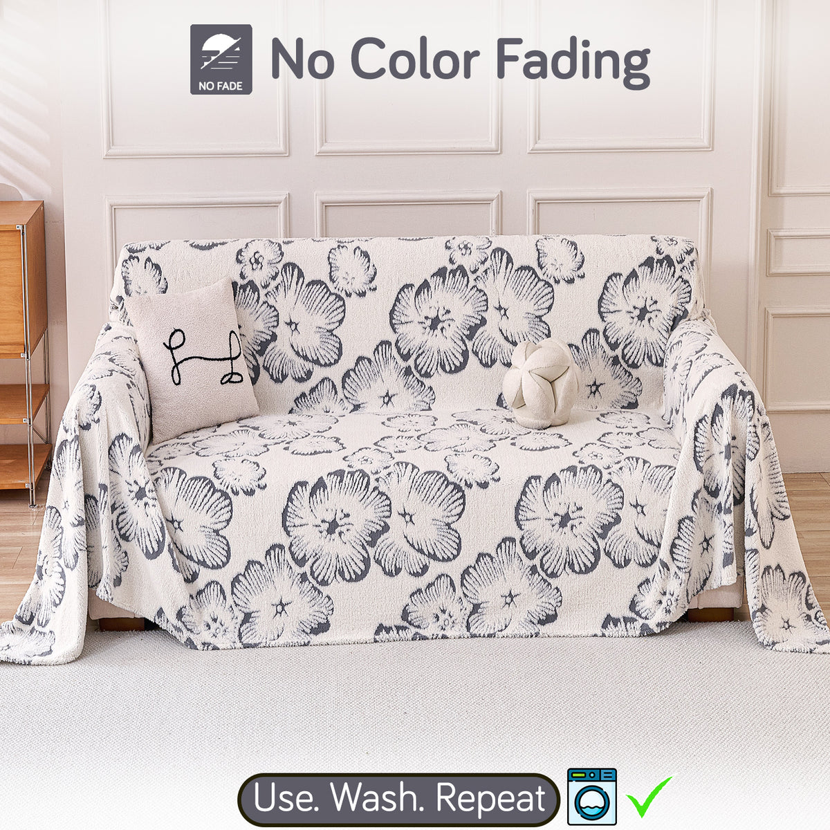 Buy Pearl Grey Colour Camellia Blossom Luxury Plush Sofa Cover – 2 Seater Sofa | HOKIPO
