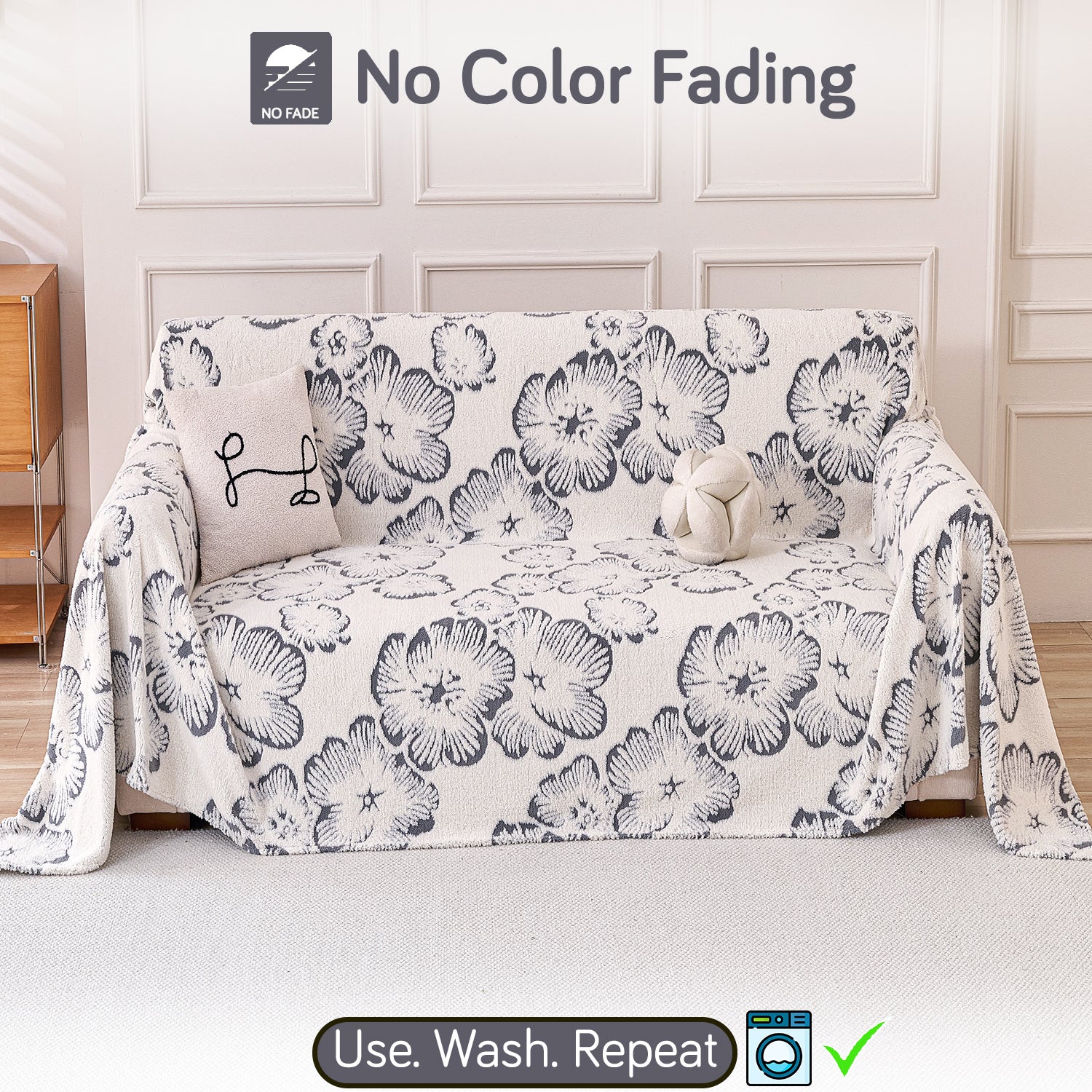 Buy Pearl Grey Colour Camellia Blossom Luxury Plush Sofa Cover – 2 Seater Sofa | HOKIPO