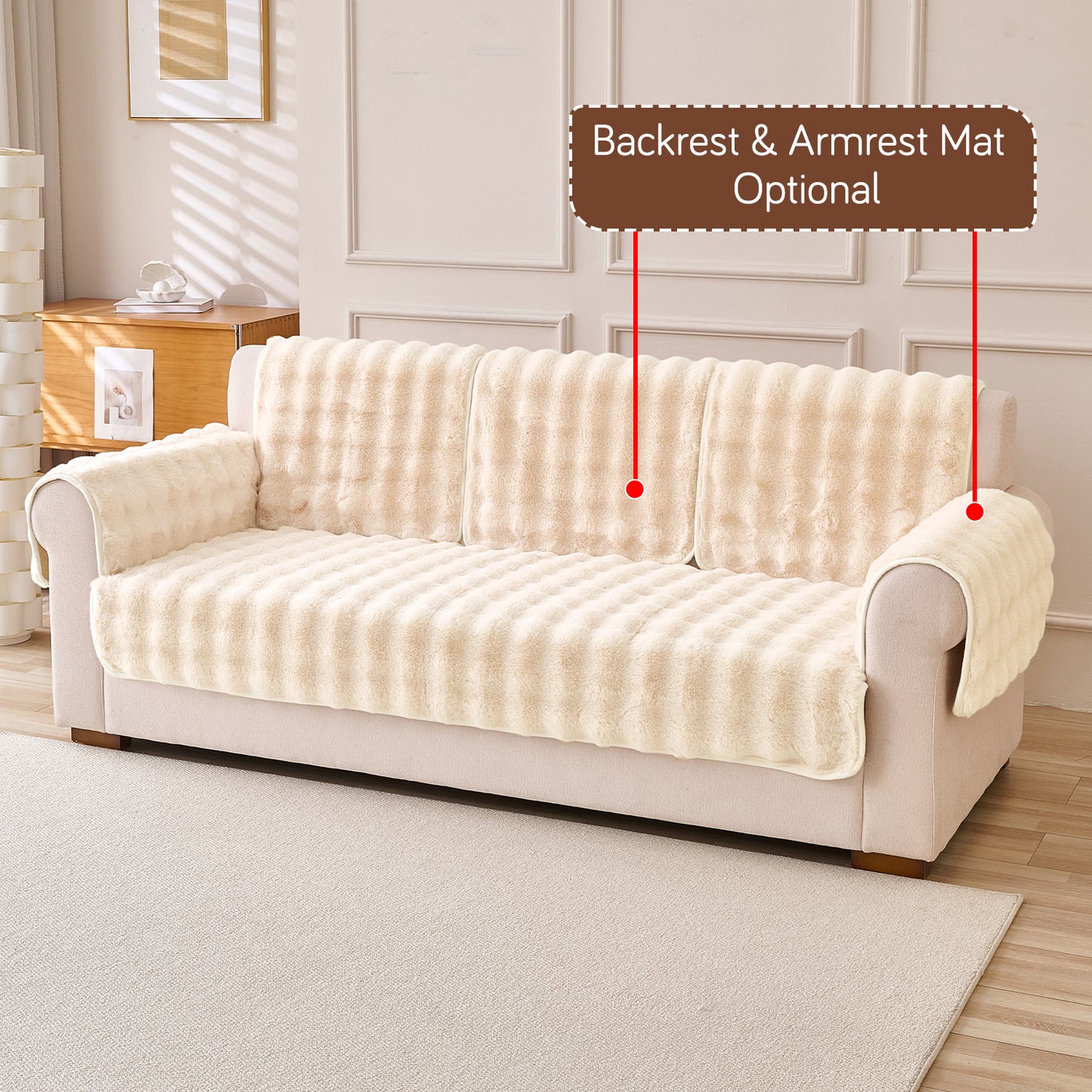 Premium Faux Rabbit Fur Anti Slip Sofa Mat for 1/2/3 Seater, Beige