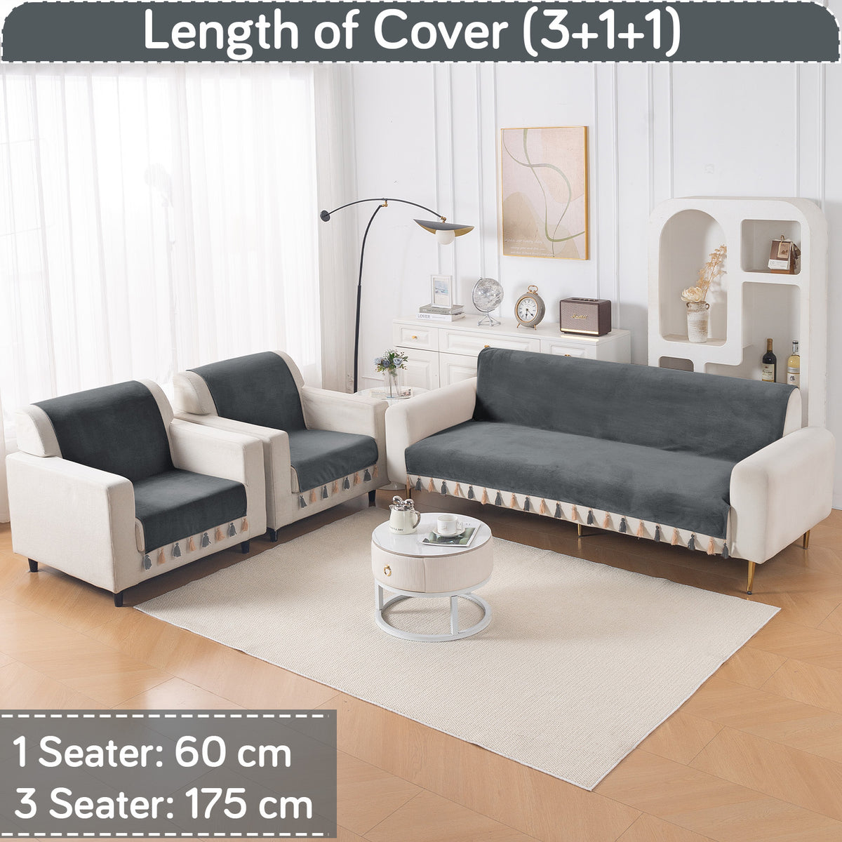 Holland Velvet 5-Seater Sofa Cover (3+1+1), TasselTone Series | Graphite Grey