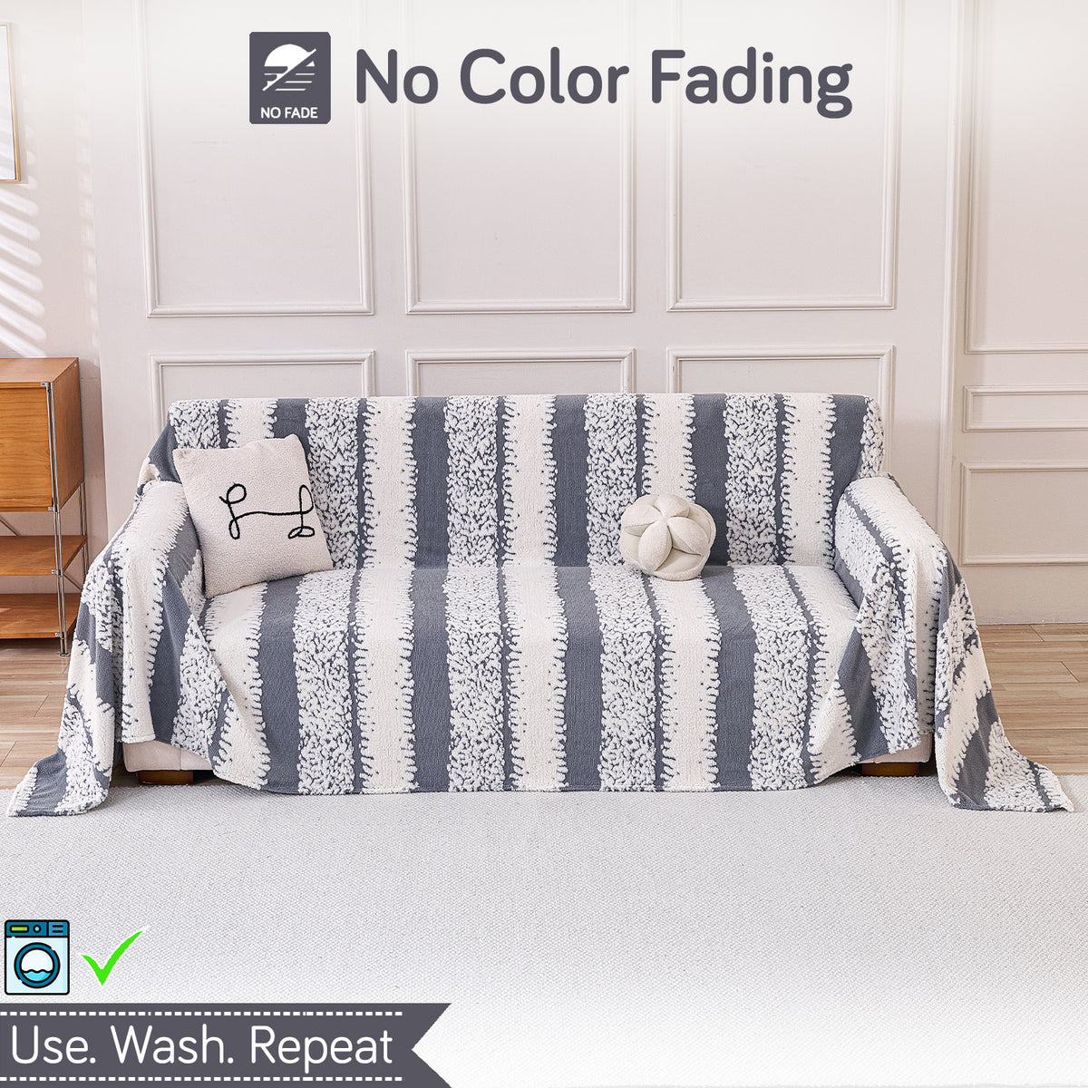 Plush Sofa Cover Throw for Complete Sofa 'Luxury Wavy Plush', Pewter Grey