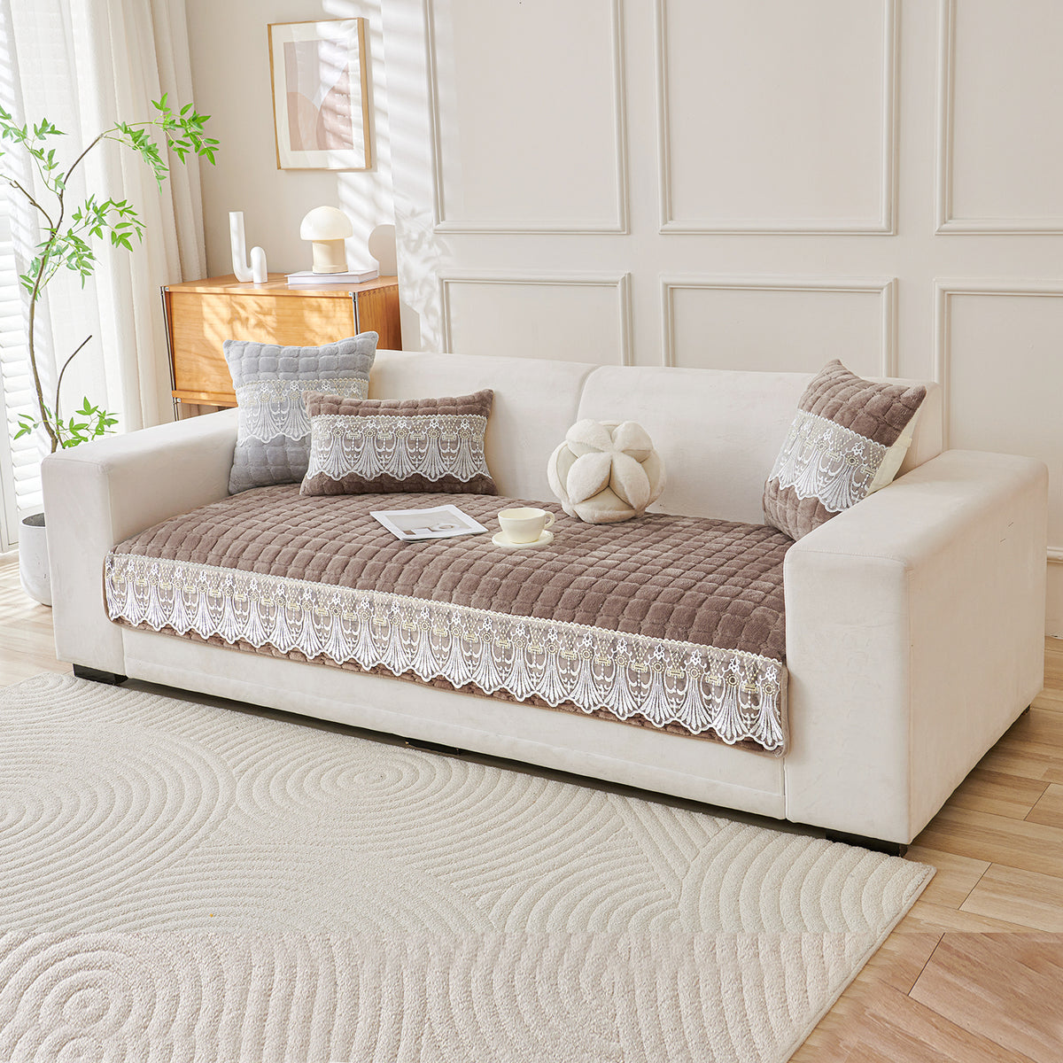 Premium Milk Velvet Sofa Cushion Cover with Lace Design, Mocha Brown