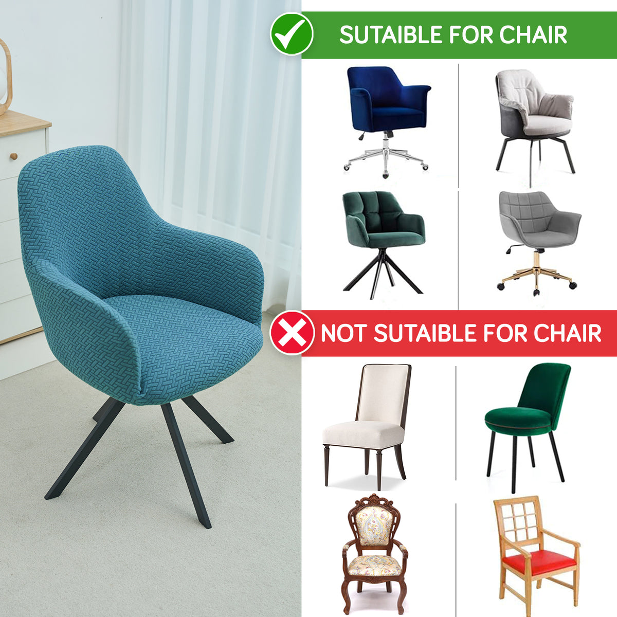 Premium Jacquard Fully Covered Cover for Swivel Dining Chair with Arms, Turquoise