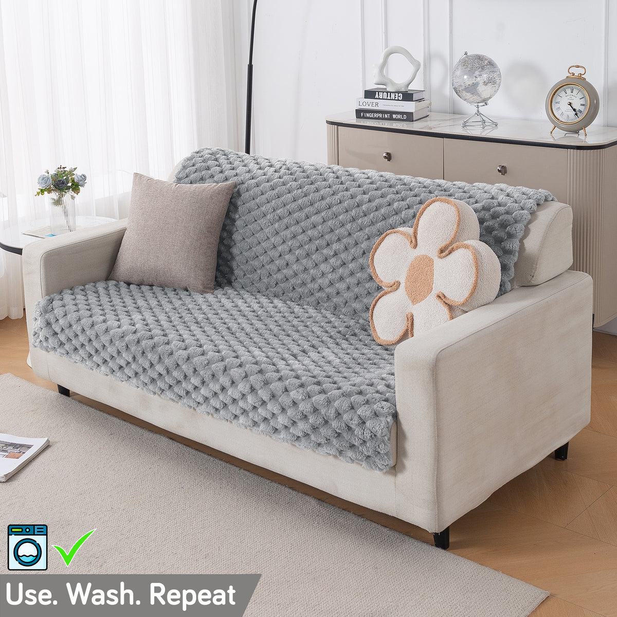 'BunnySoft Series' Plush Sofa Cover Throw for Sofa Seat & Back, Moon Grey