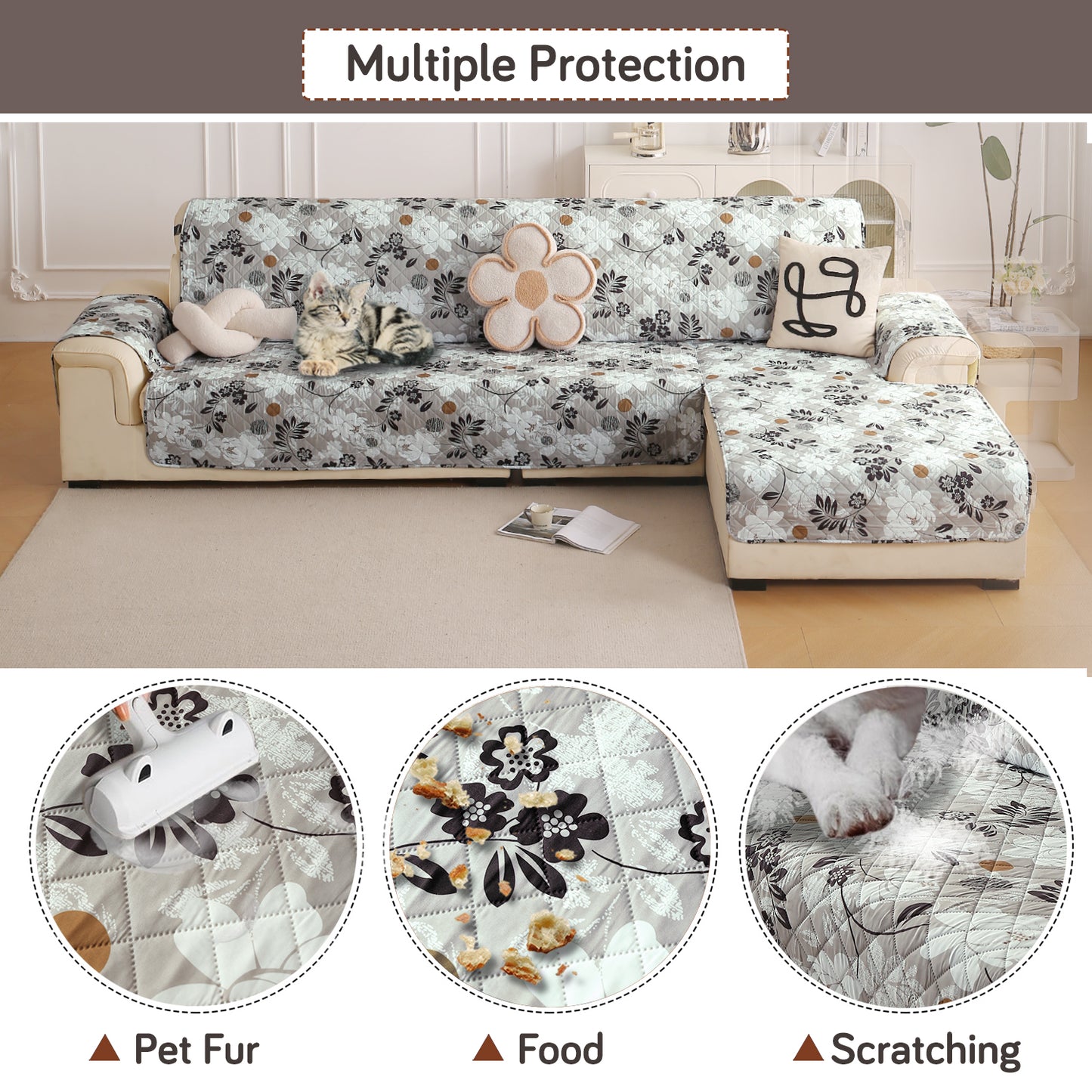 Elira Series Quilted One-Piece L Shape Sofa Cover Mat with Left and Right Chaise, Feather Brown Floral