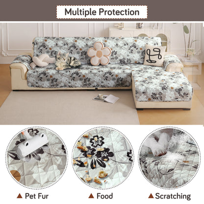 Elira Series Quilted One-Piece L Shape Sofa Cover Mat with Left and Right Chaise, Feather Brown Floral