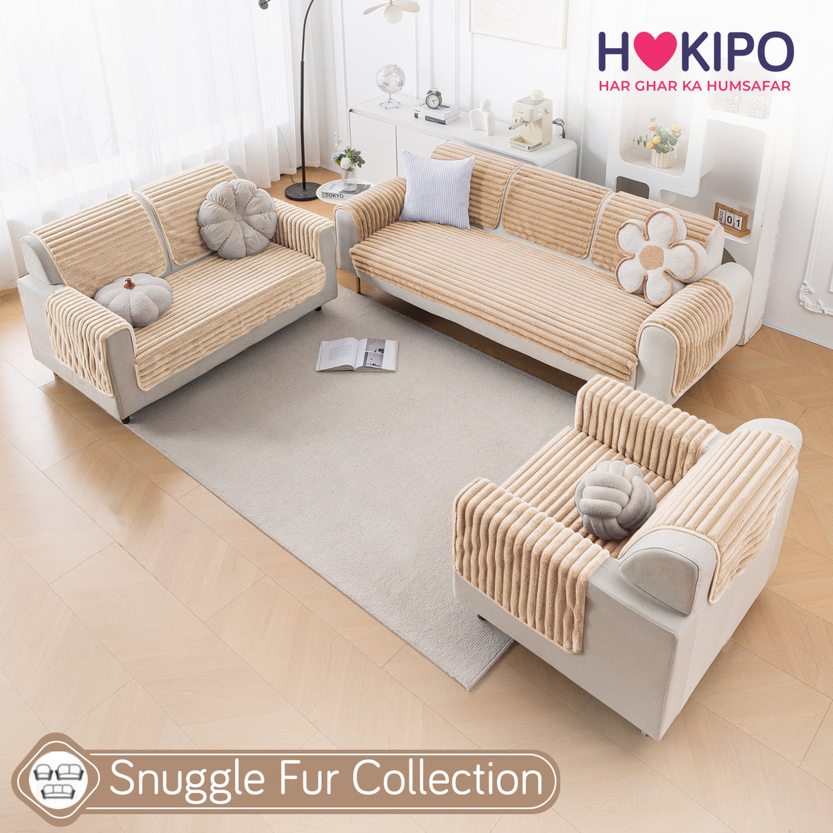 Faux Rabbit Fur Sofa Cover Combination Set, 'Snuggle Fur Series' Sand Brown