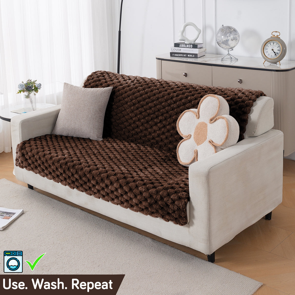 'BunnySoft Series' Plush Sofa Cover Throw for Sofa Seat & Back, Dark Chocolate