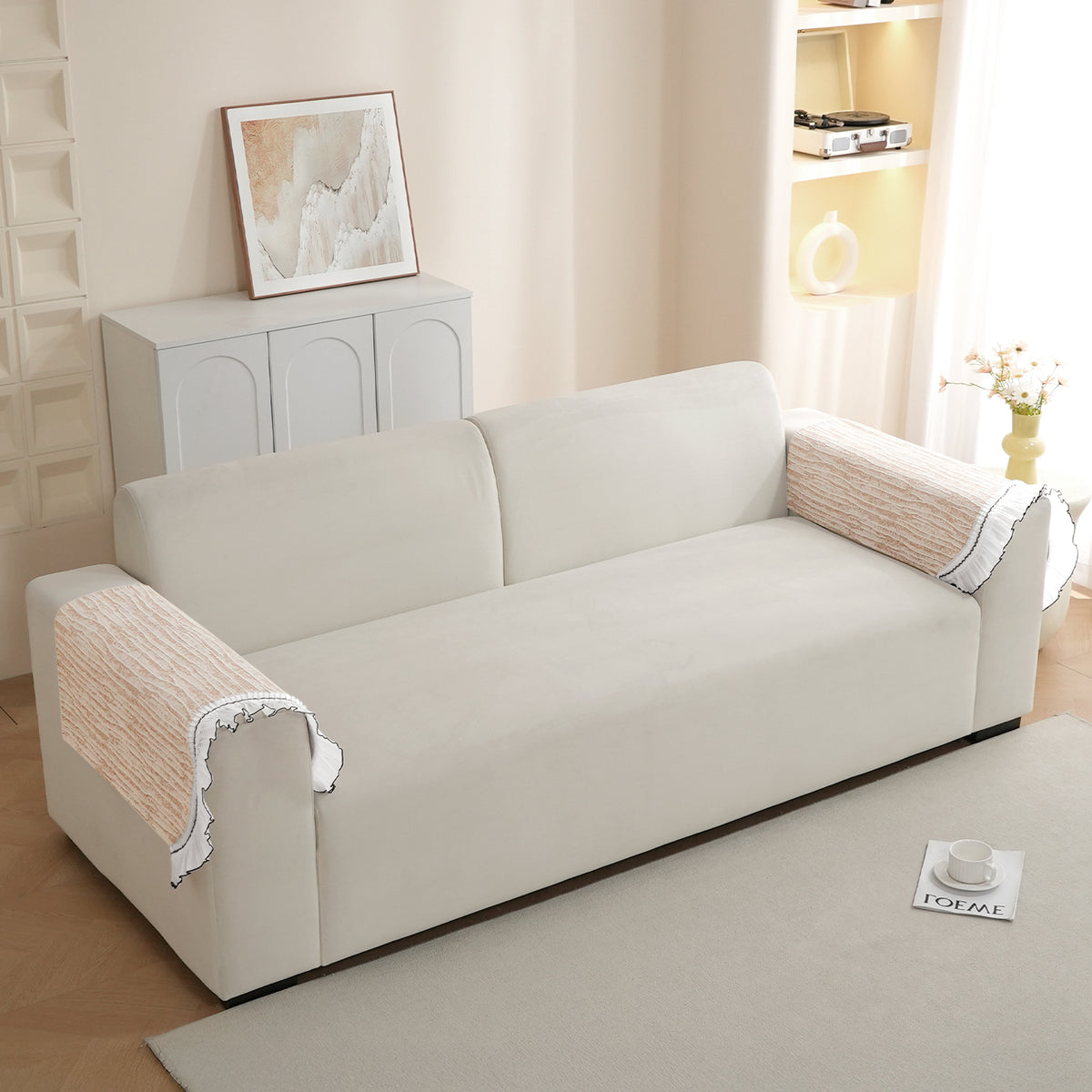 French Lace & Luxe with White Ruffle Edge Sofa Cover Mat, Oakwood Brown