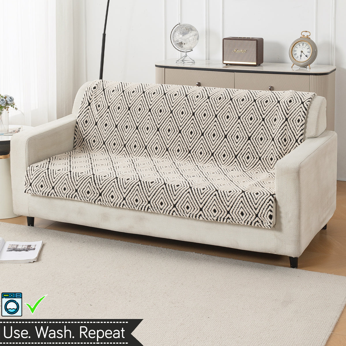 'Noirea Series' Plush Sofa Cover for Seat & Back, Geometric Diamond