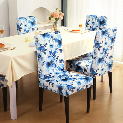 Premium Printed Velvet Dining Chair Cover Set, Blue Azure Botanical