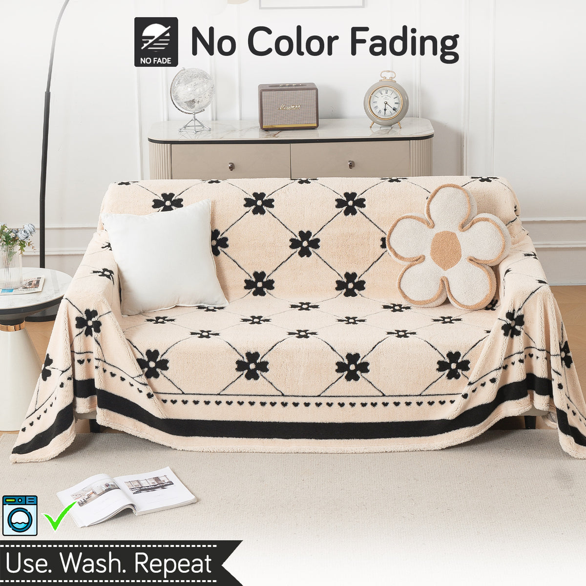 Buy Floral Lattice Design Noirea Series Plush Sherpa Sofa Throw Cover – 3 Seater Sofas | HOKIPO
