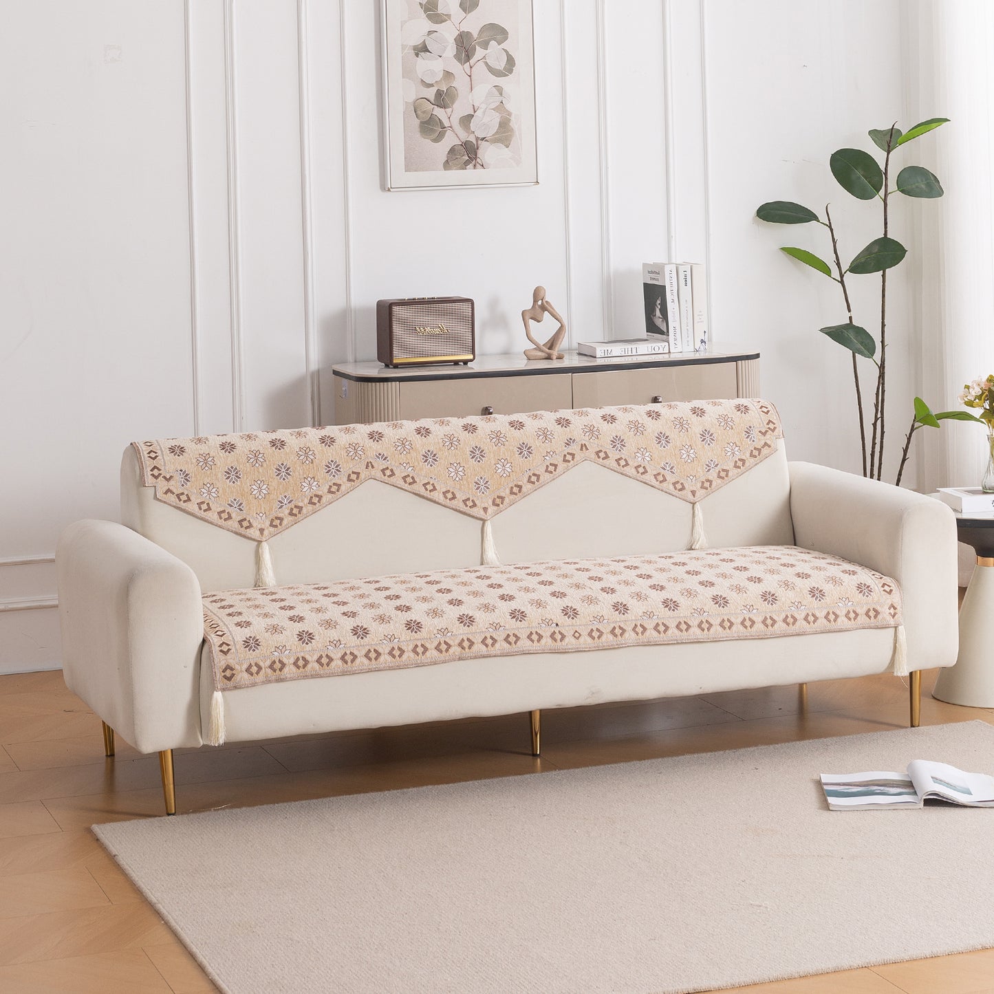 Heritage Weave Premium Jacquard Sofa Cover Set with Tassels - Sandy Beige