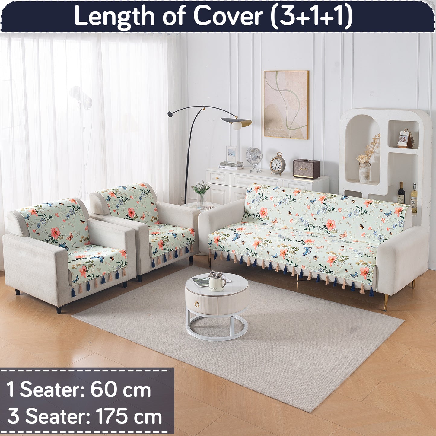 Holland  Velvet 5-Seater Sofa Cover with Tassel (3+1+1), Pastel Butterfly Meadow