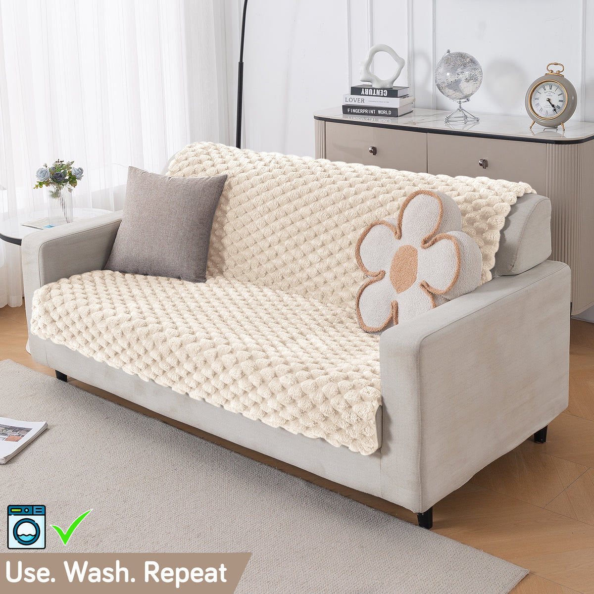 'BunnySoft Series' Plush Sofa Cover Throw for Sofa Seat & Back, Cream