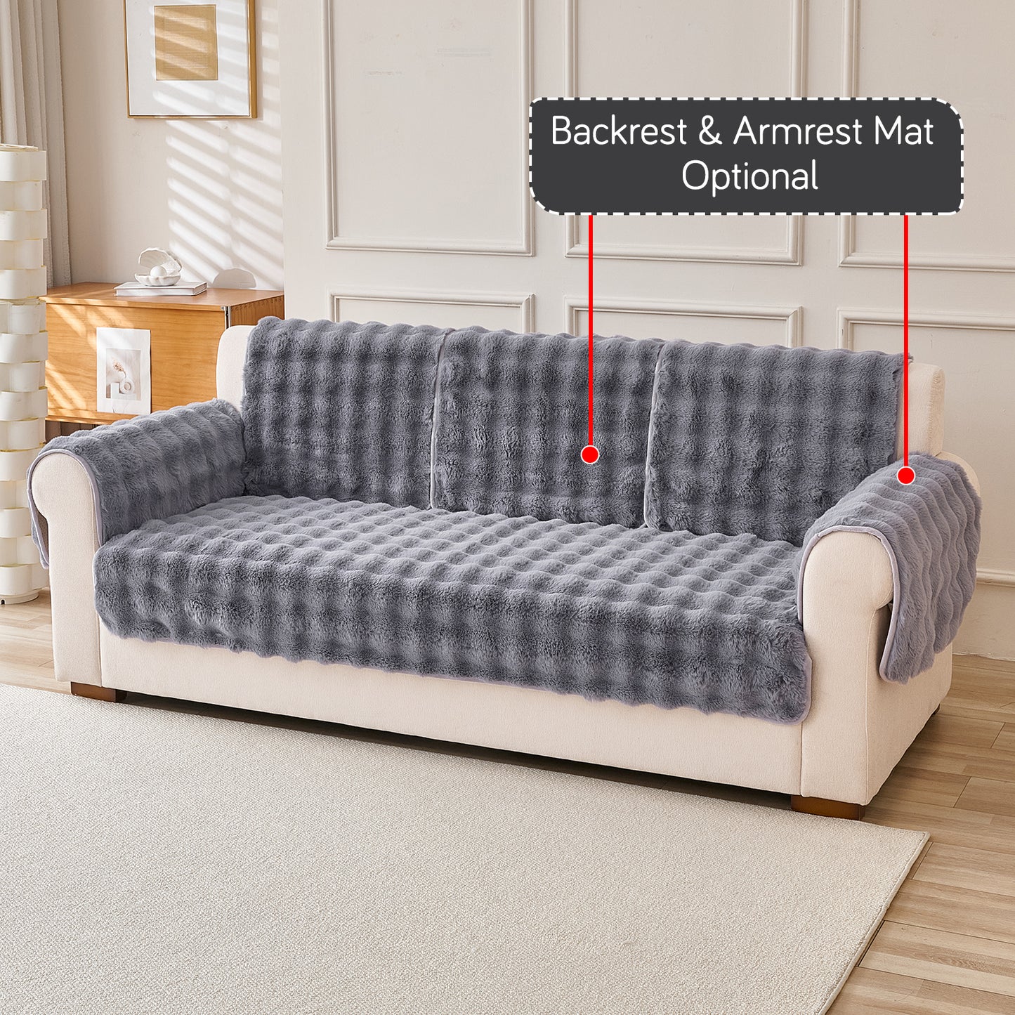 Premium Faux Rabbit Fur Anti Slip Sofa Mat for 1/2/3 Seater, Cool Grey
