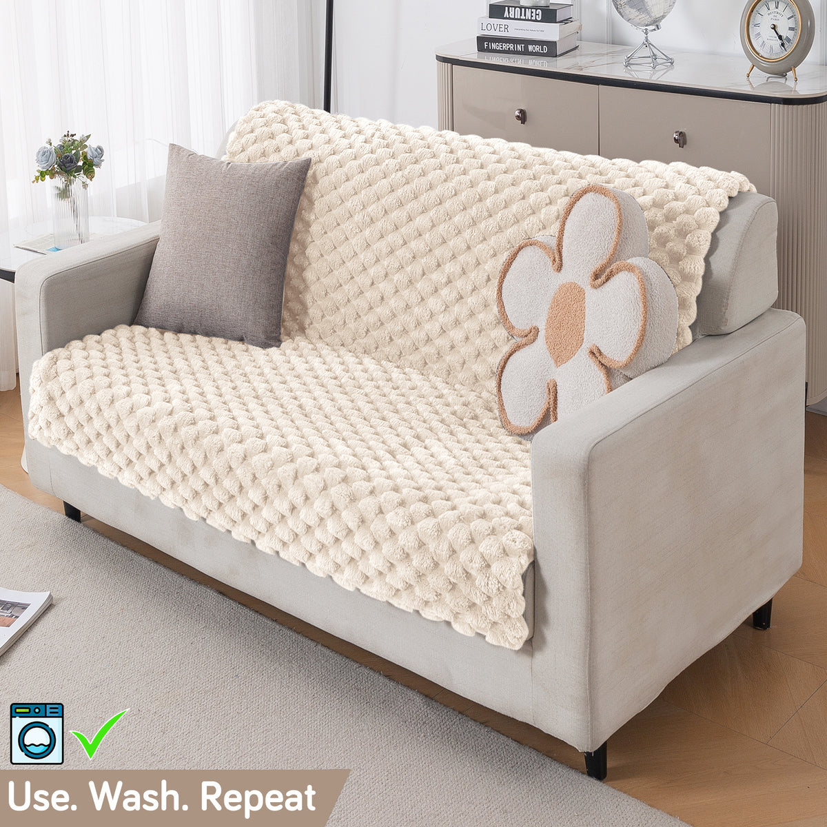 'BunnySoft Series' Plush Sofa Cover Throw for Sofa Seat & Back, Cream