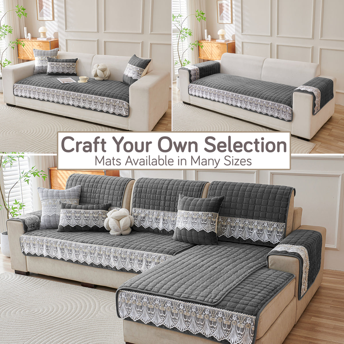 BelleLace Series Imperial Milk Velvet Sofa Cover Mat with Lace Design - Porpoise Grey