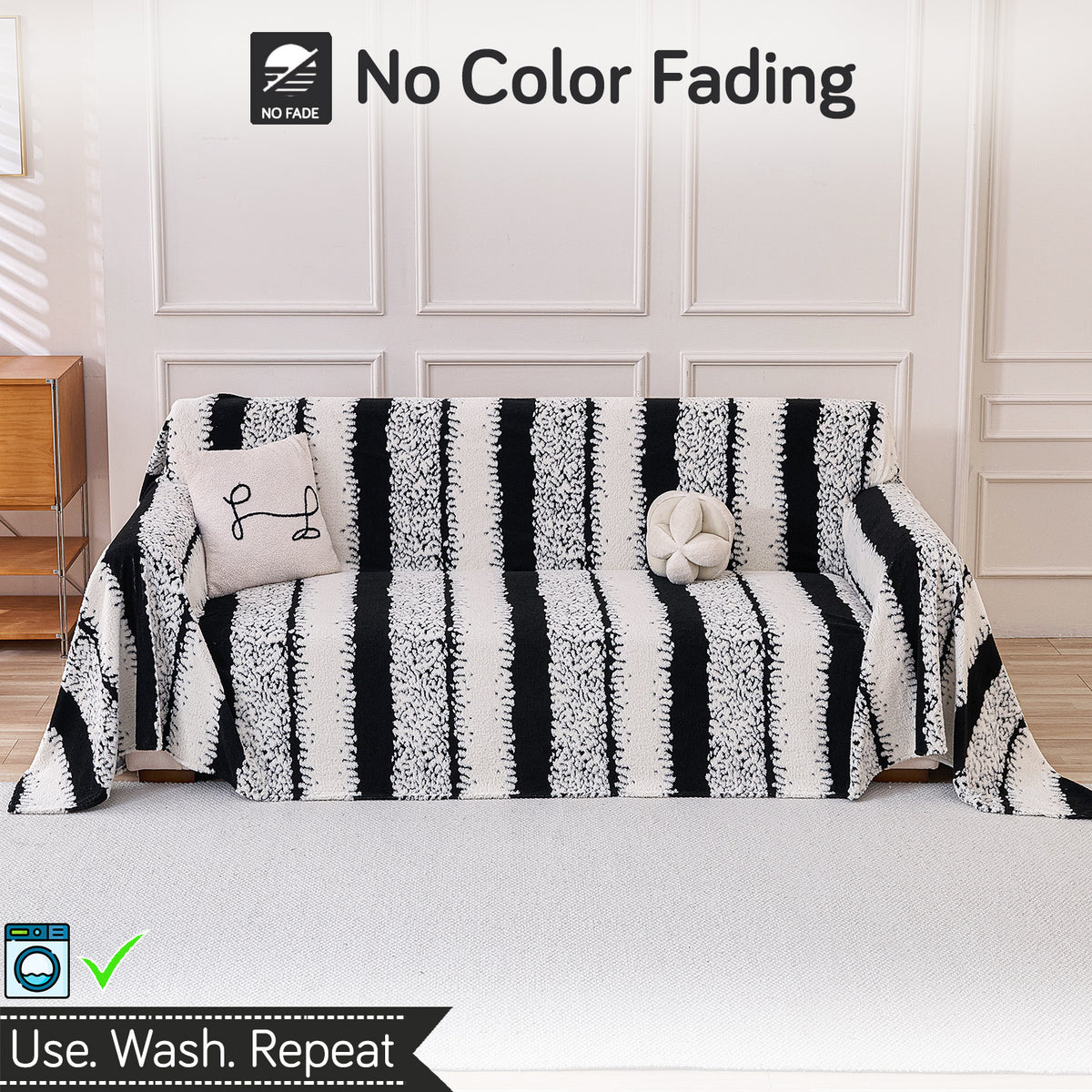 Buy Black Colour Luxury Wavy Plush Sofa Throw Cover | HOKIPO 