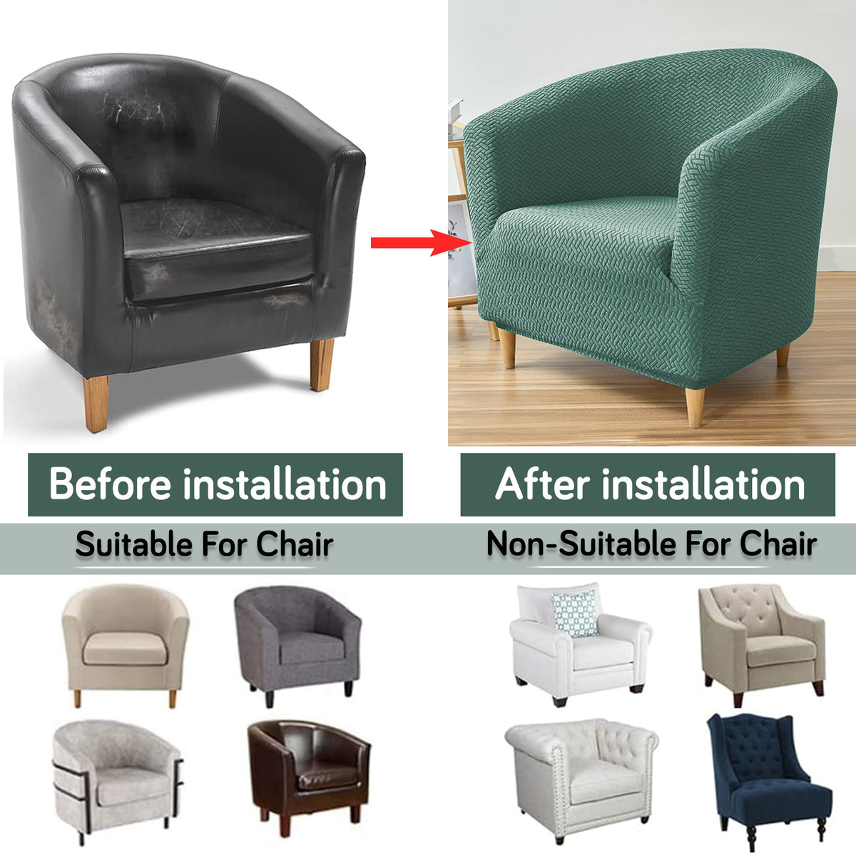 Premium Jacquard Stretchable Tub Chair Cover Slipcover, Continental Green