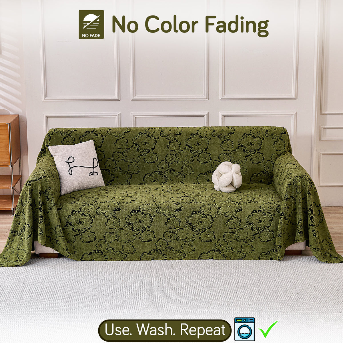 Buy Forest Olive Colour Camellia Blossom Luxury Plush Sofa Throw – 3 Seater Sofa | HOKIPO