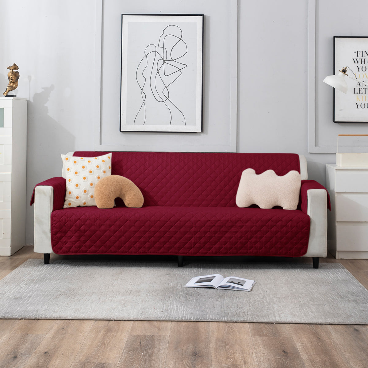 Maroon Polyester quilted elegant 4 seater sofa cover