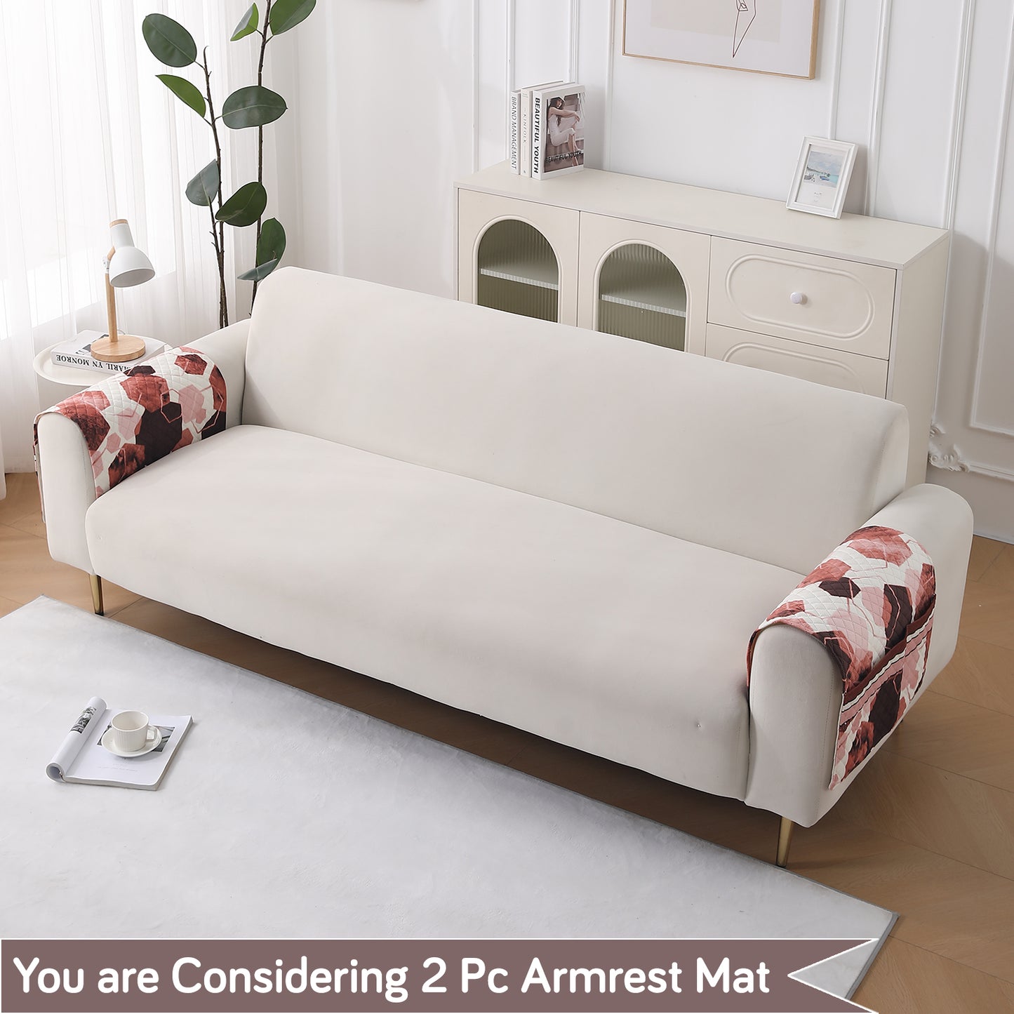 LiefNest Printed Holland Velvet Sofa Mat with Foam Filling - Geometric Hexagon Cider Red for 1/2/3 Seater & Armrest