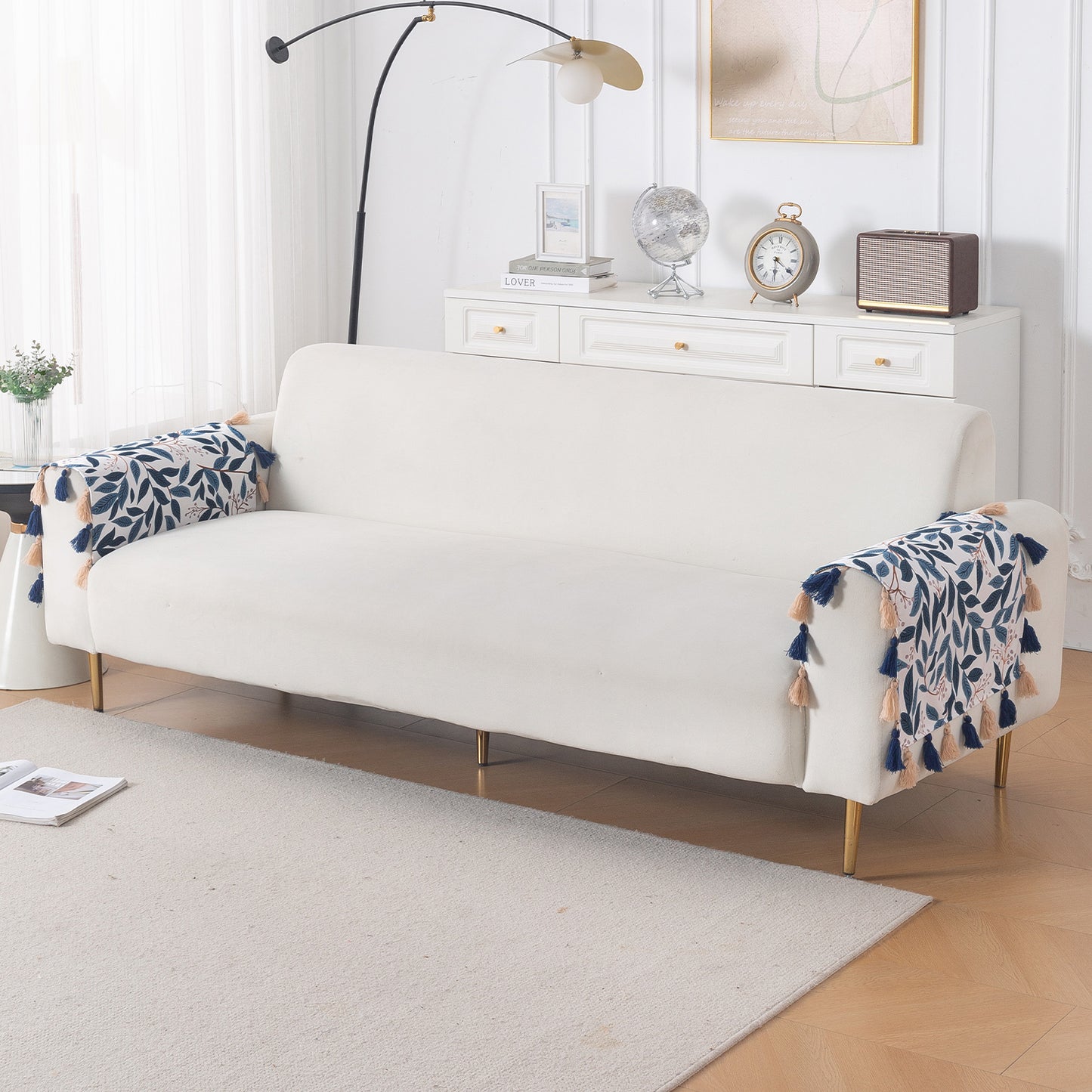 'Whispers of Nature' Series Holland Velvet Sofa Cover with Tassel, Indigo Foliage