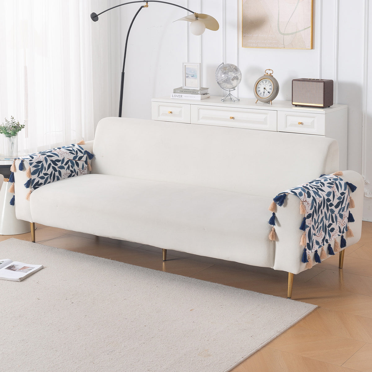 'Whispers of Nature' Series Holland Velvet Sofa Cover with Tassel, Indigo Foliage
