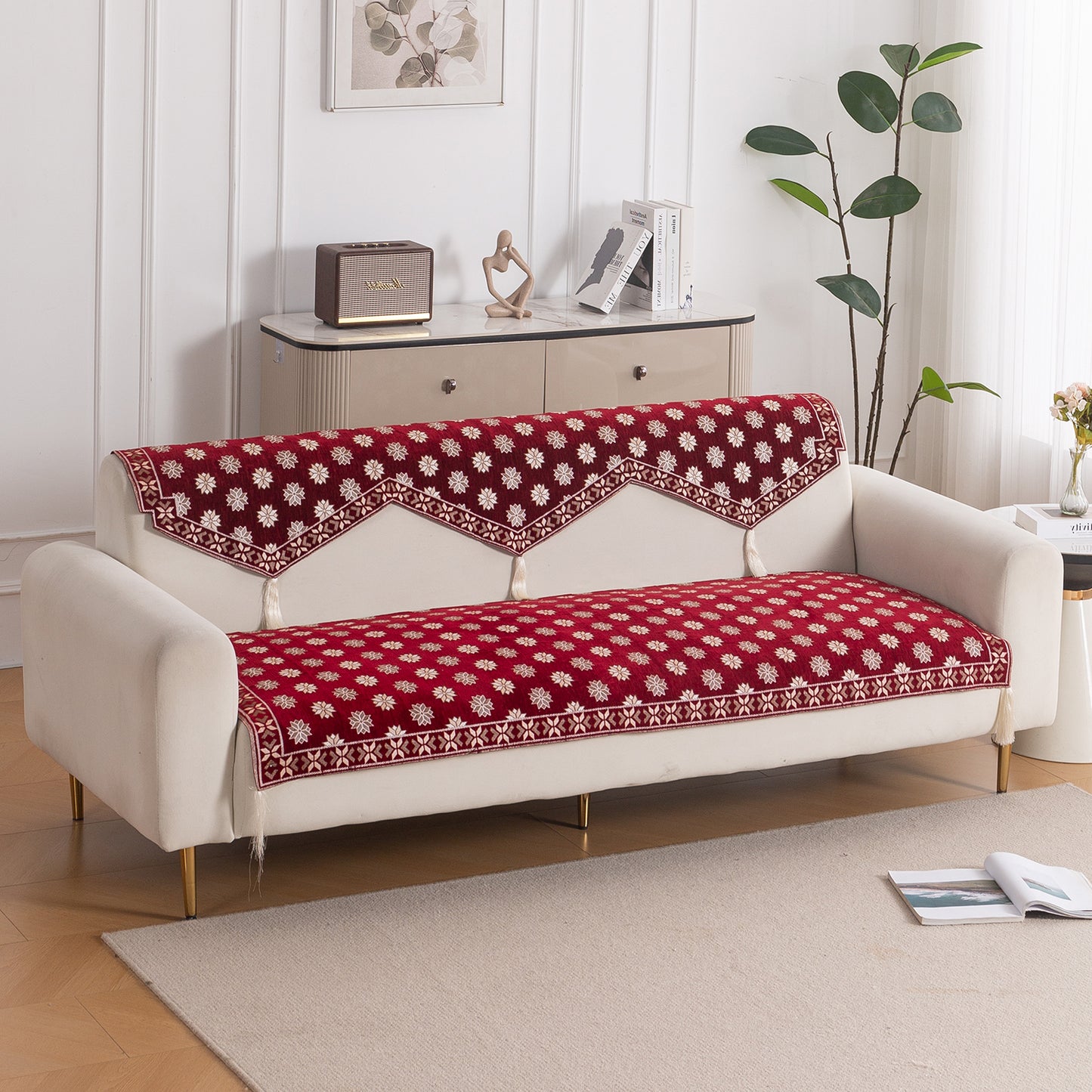 Heritage Weave Premium Jacquard Sofa Cover Set with Tassels -  Crimson Red