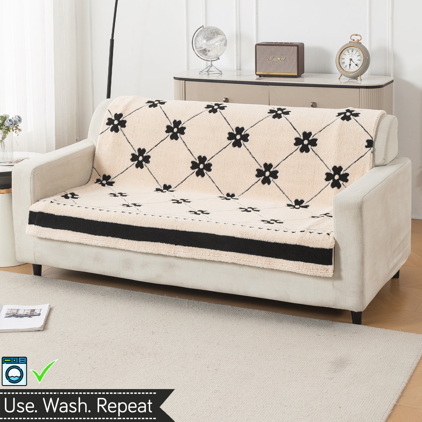 'Noirea Series' Plush Sofa Cover for Seat & Back, Floral Lattice