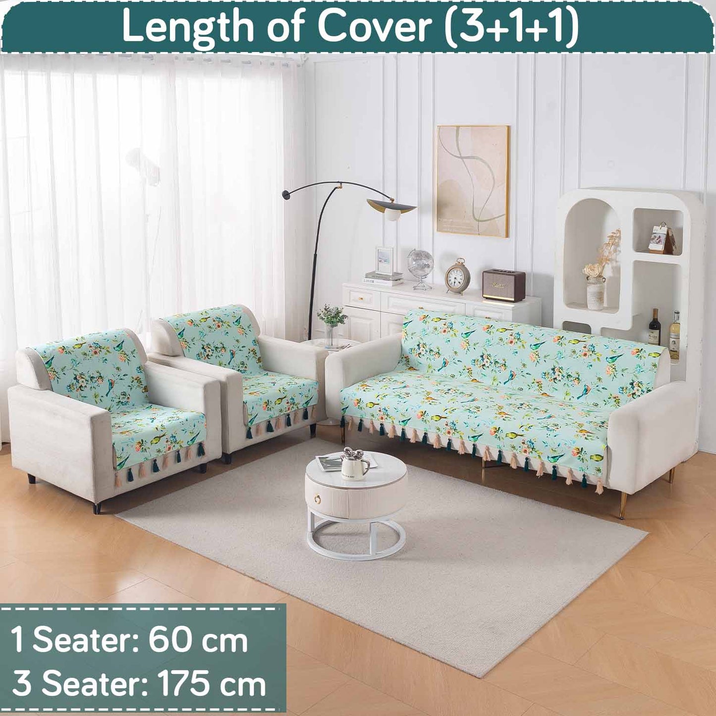 Holland Velvet 5-Seater Sofa Cover with Tassel (3+1+1), Mint Birdsong Blossom