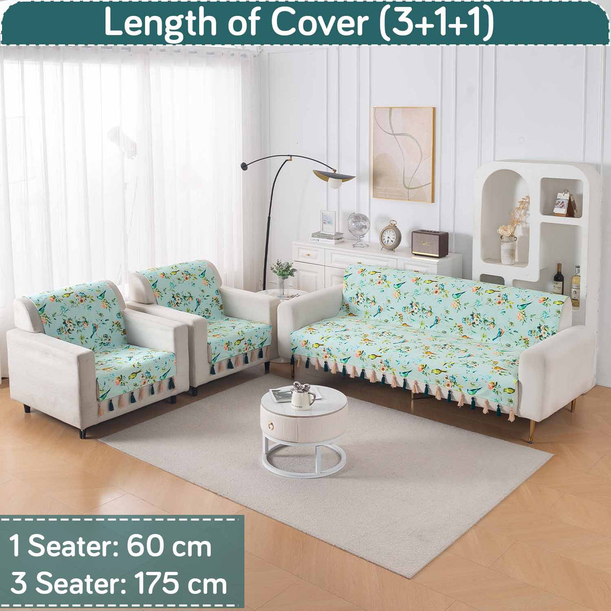'Whispers of Nature' Series Holland Velvet Sofa Cover with Tassel, Mint Birdsong Blossom