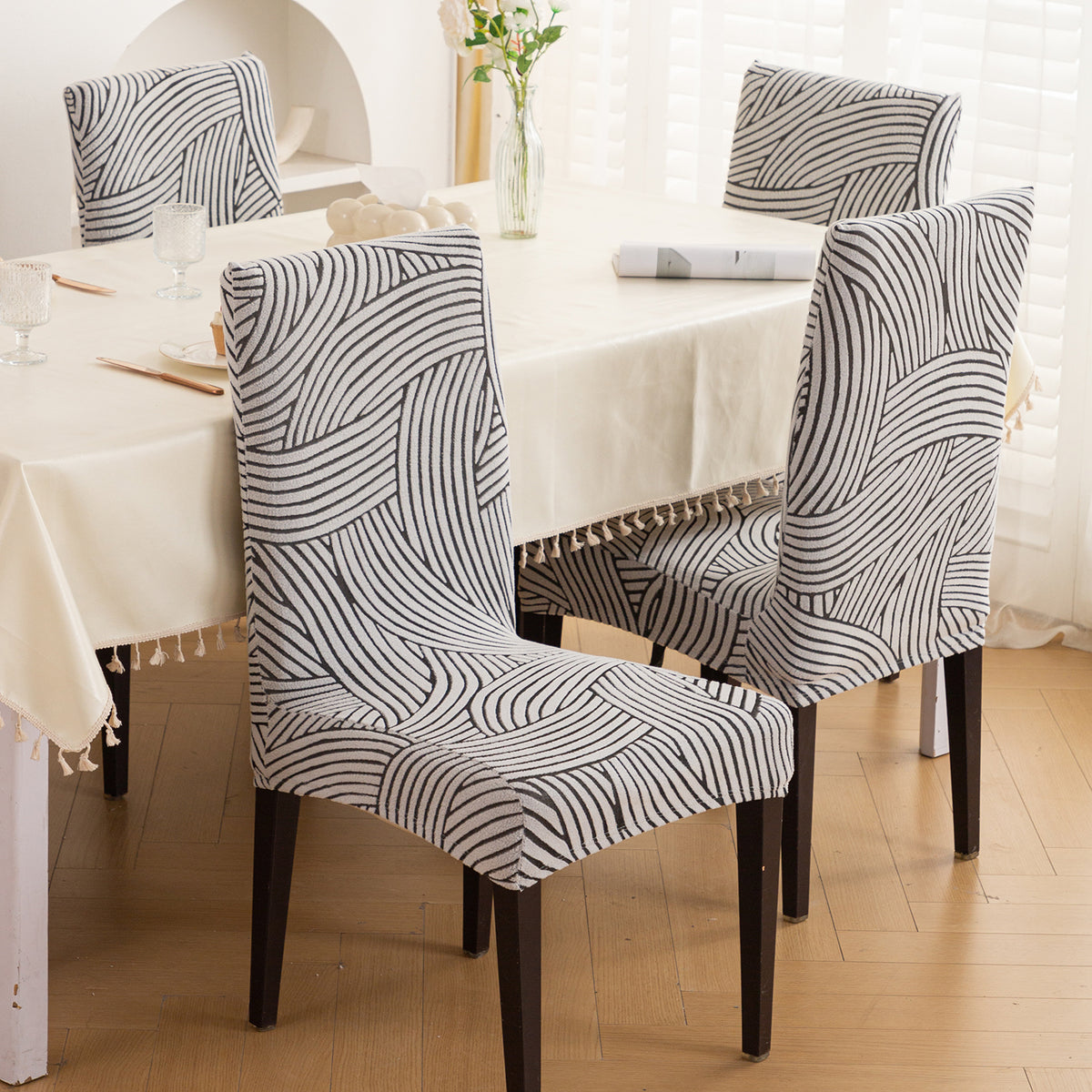 WaveLine Series 180 GSM Jacquard Chair Cover Set of 1/2/4/6, Ash Grey